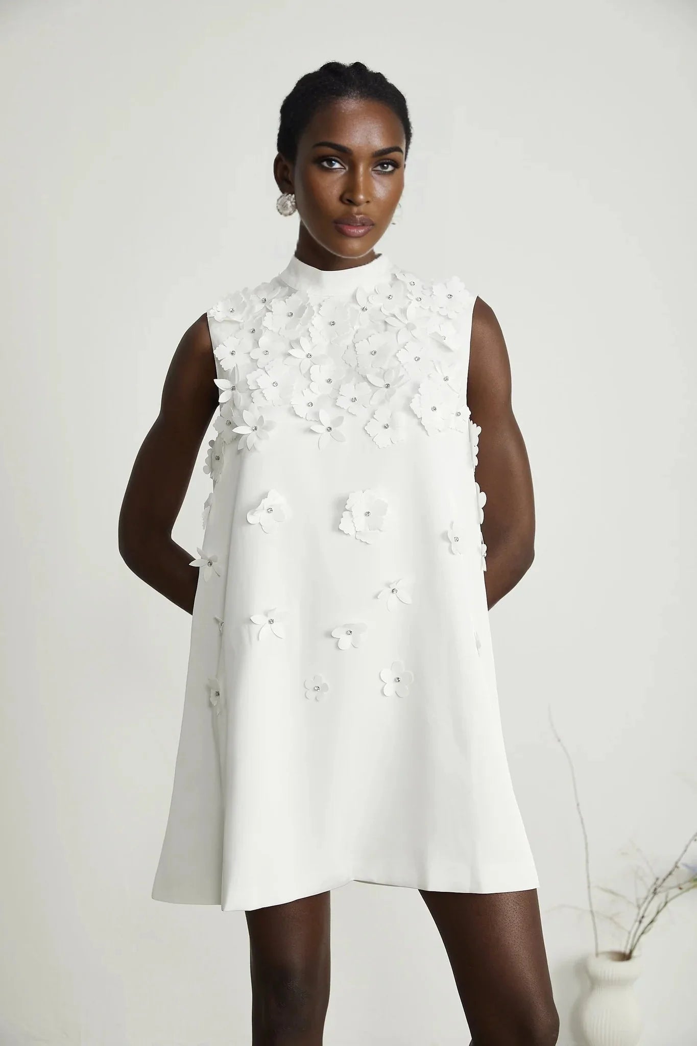 Alyssa Mini Dress White Faux - Flower Crystal Embellished Thigh - Length Hem