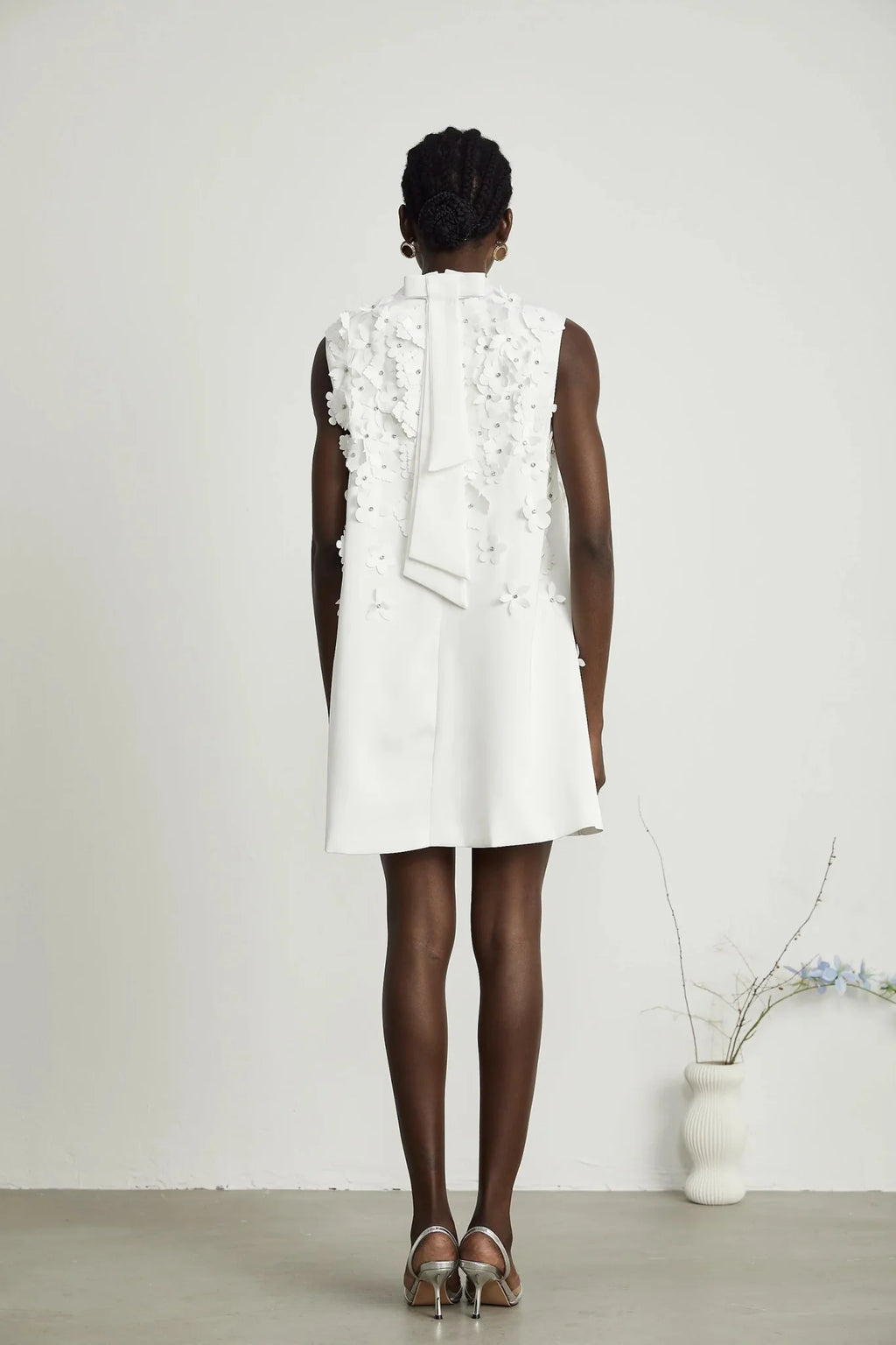 Alyssa Mini Dress White Faux - Flower Crystal Embellished Thigh - Length Hem