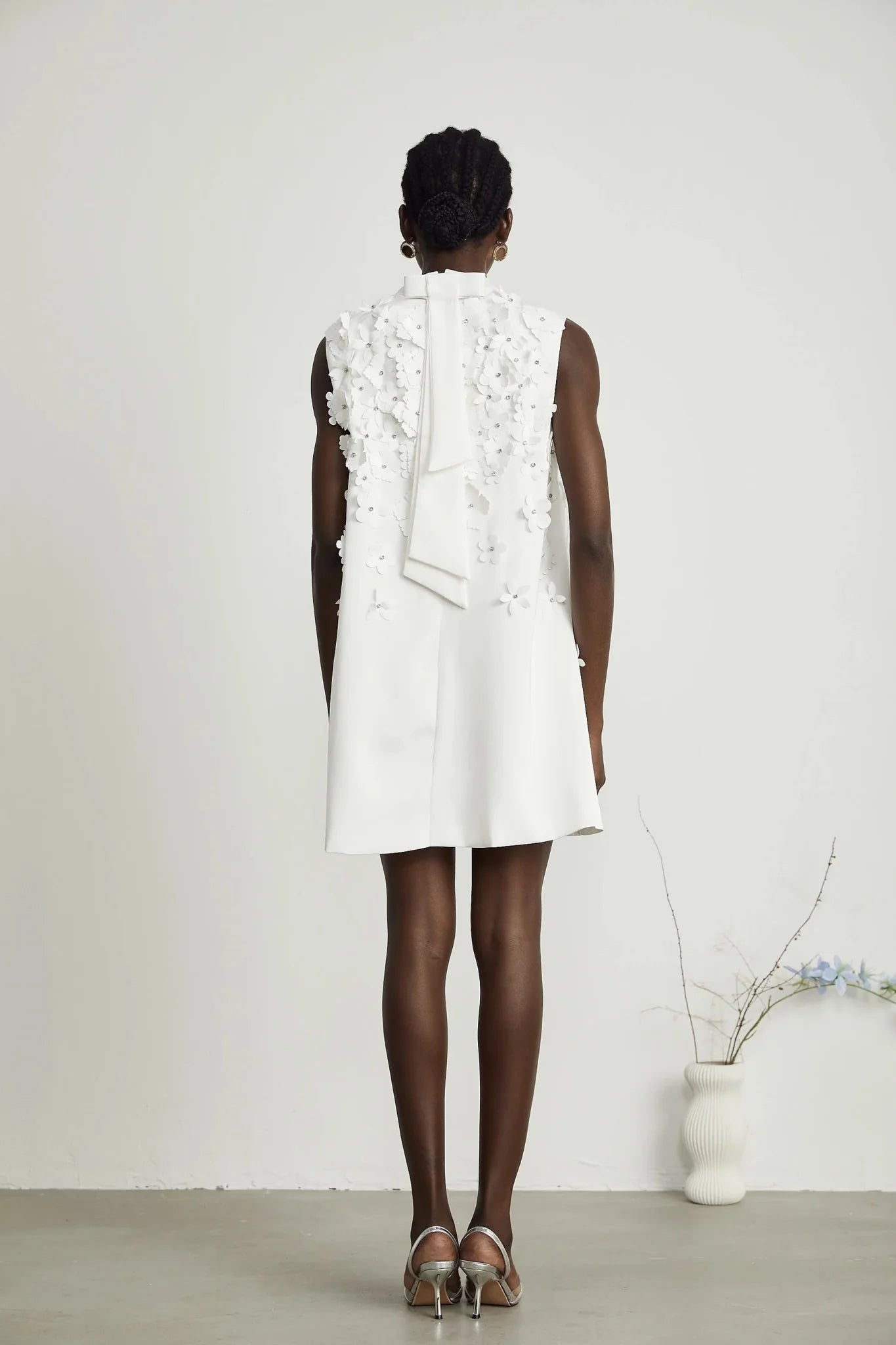 Alyssa Mini Dress White Faux - Flower Crystal Embellished Thigh - Length Hem