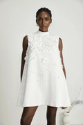 Alyssa Mini Dress White Faux - Flower Crystal Embellished Thigh - Length Hem
