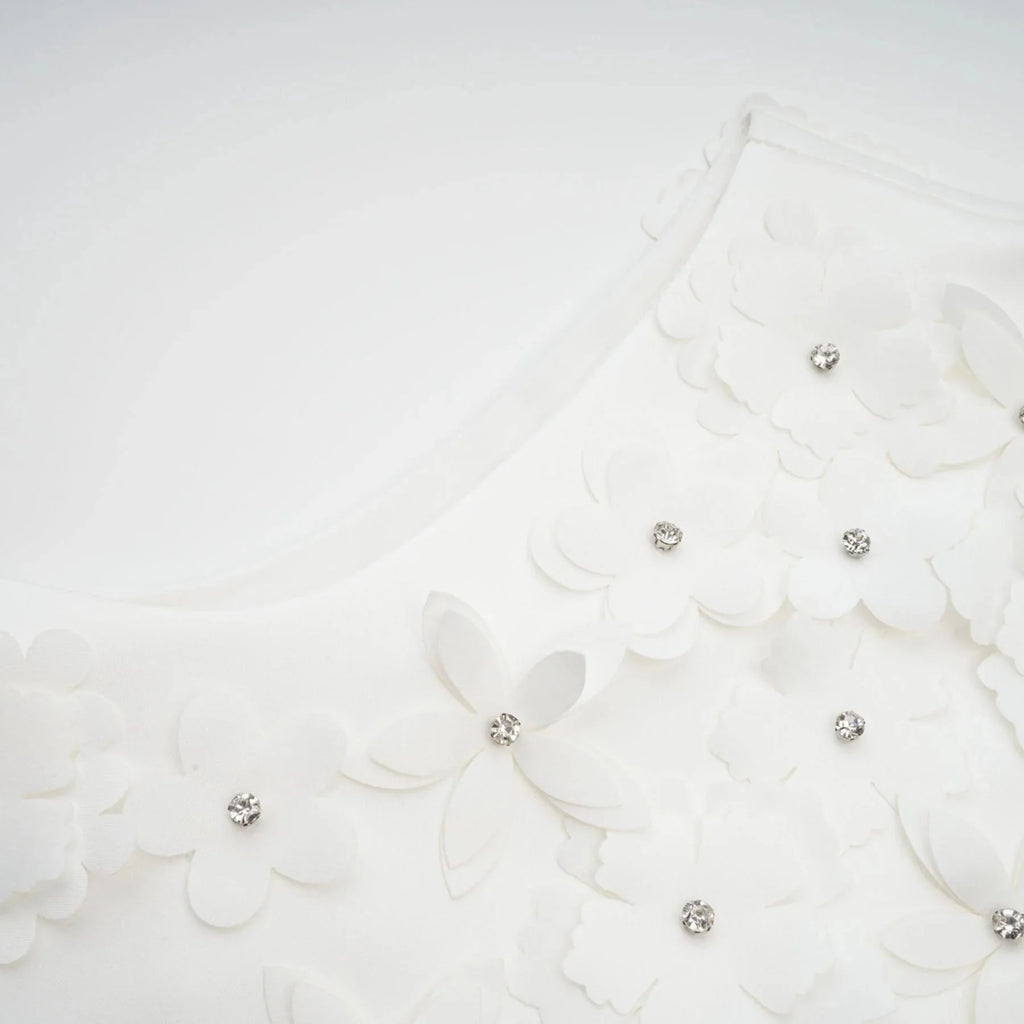 Alyssa Mini Dress White Faux - Flower Crystal Embellished Thigh - Length Hem