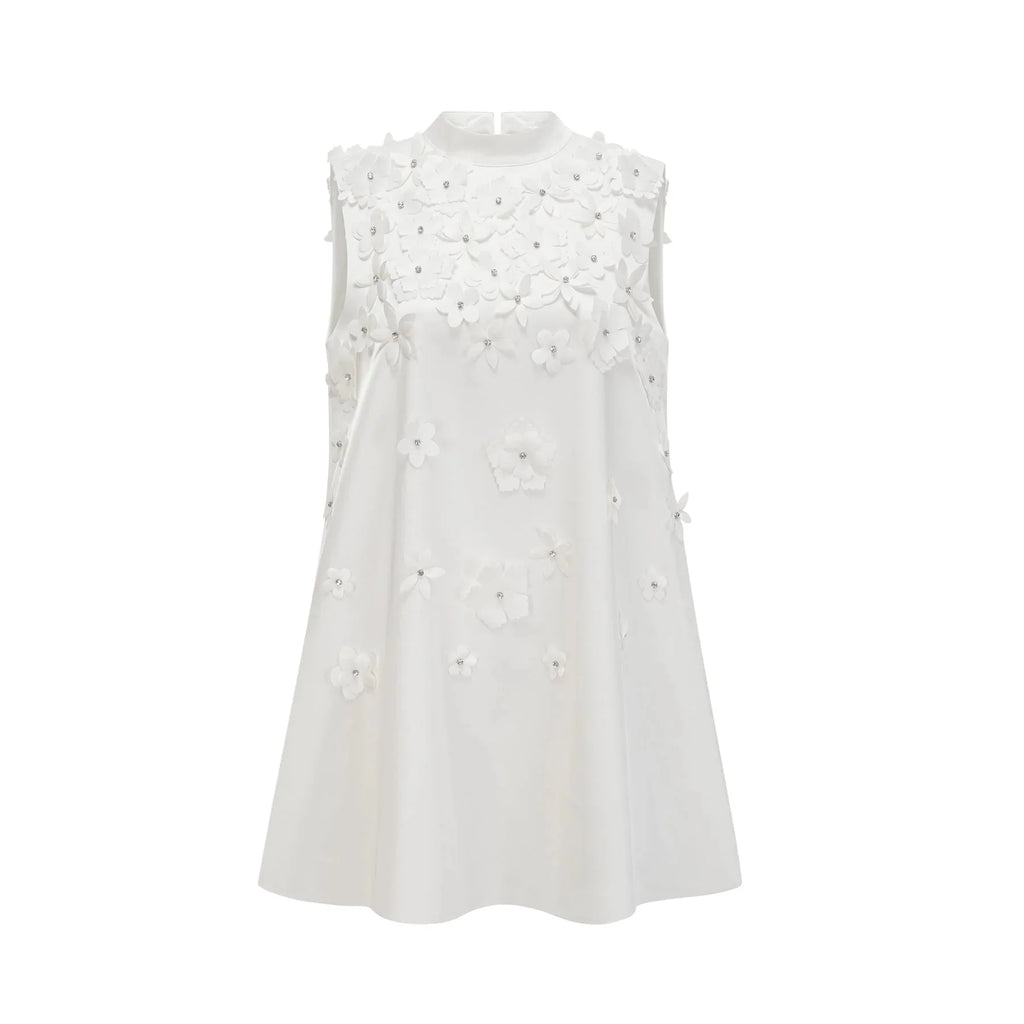 Alyssa Mini Dress White Faux - Flower Crystal Embellished Thigh - Length Hem