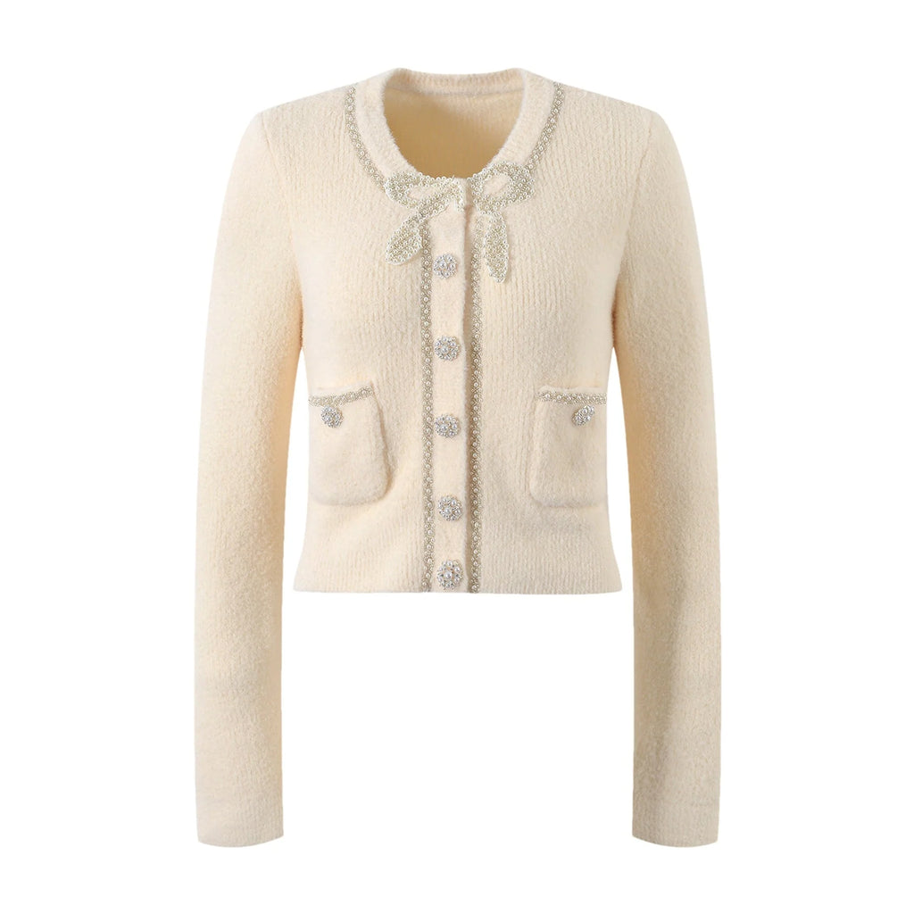 Amabile Jacket & Skirt Set - Elegant Faux - Pearl Embellishment - Stretch - Jersey Fabric - Front Button Fastening - Midi Length