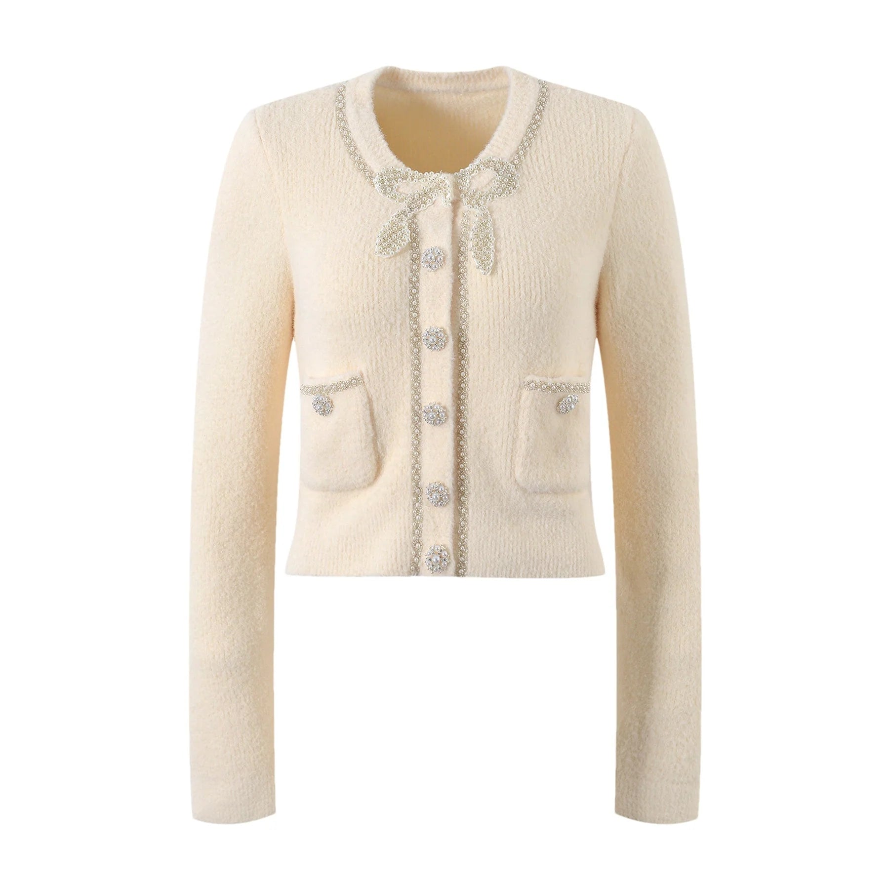 Amabile Jacket & Skirt Set - Elegant Faux - Pearl Embellishment - Stretch - Jersey Fabric - Front Button Fastening - Midi Length