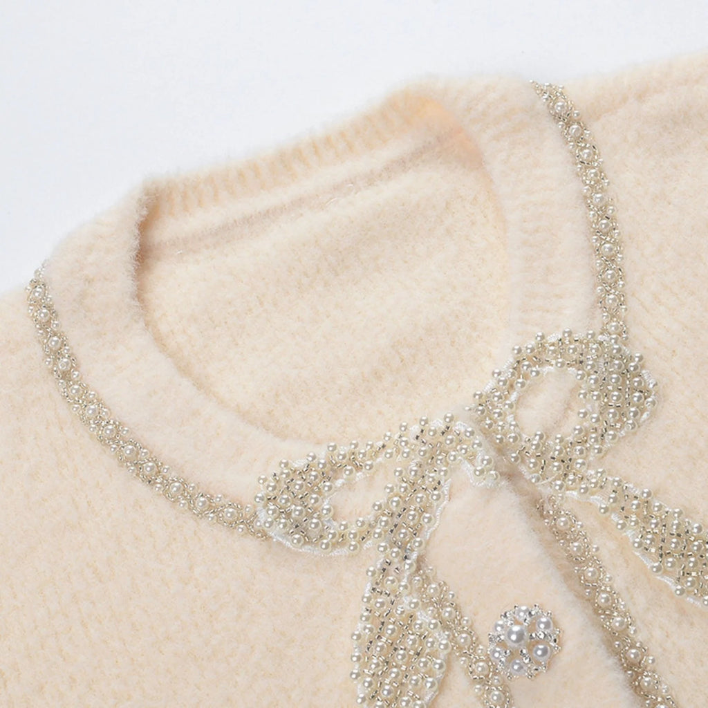 Amabile Jacket & Skirt Set - Elegant Faux - Pearl Embellishment - Stretch - Jersey Fabric - Front Button Fastening - Midi Length