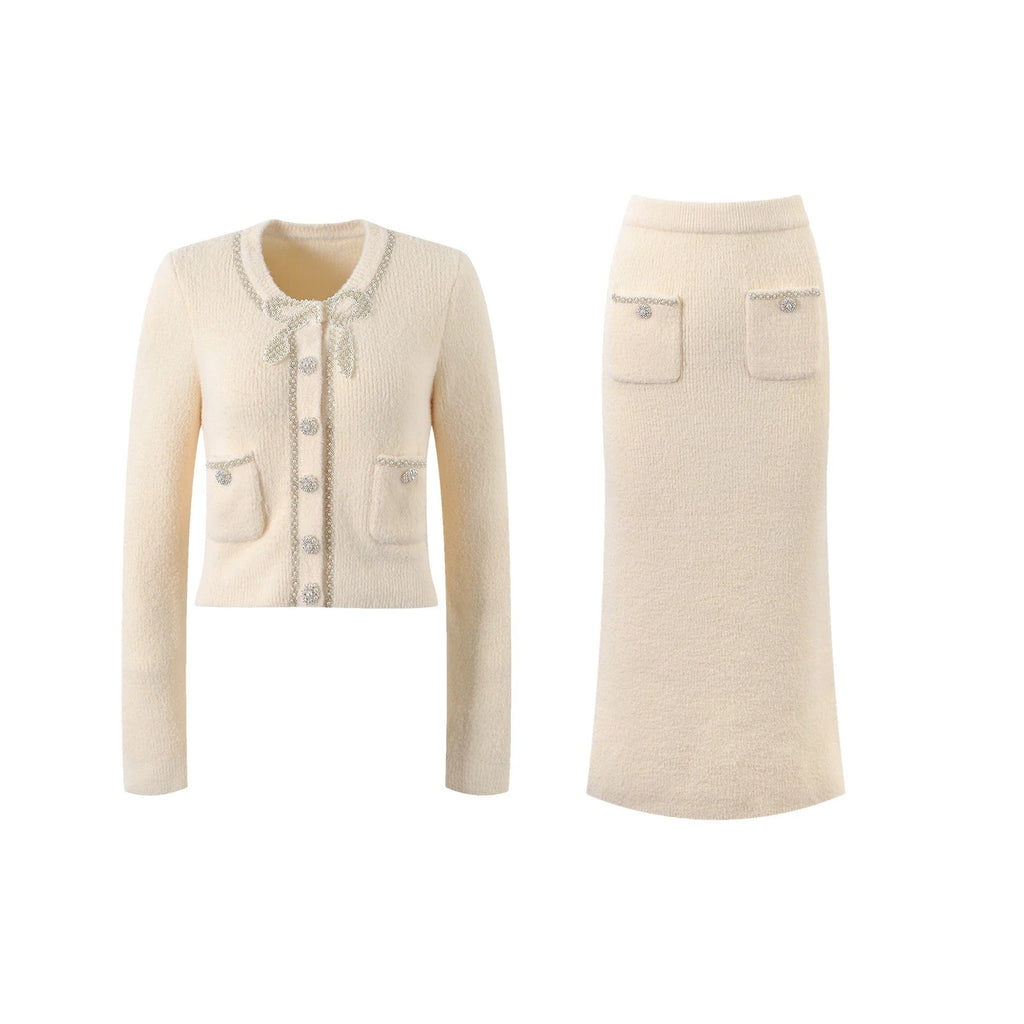 Amabile Jacket & Skirt Set - Elegant Faux - Pearl Embellishment - Stretch - Jersey Fabric - Front Button Fastening - Midi Length