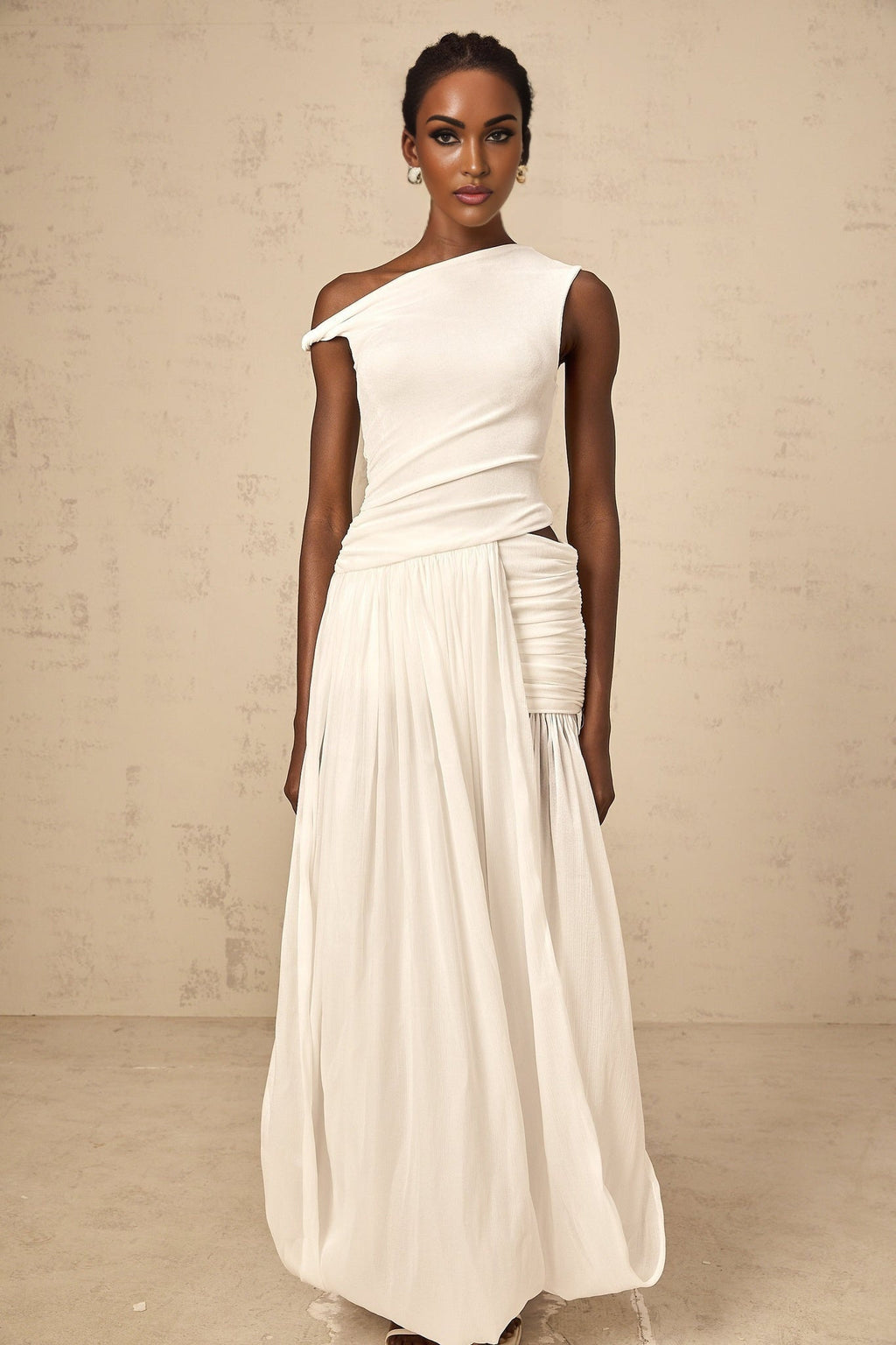 Amabile Maxi Dress - Mono Shoulder - Sleeveless - Shirred Panel - Side Slit - Cut - Out Detailing