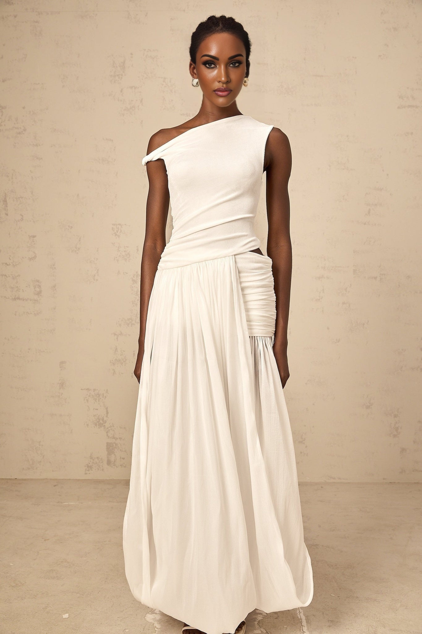Amabile Maxi Dress - Mono Shoulder - Sleeveless - Shirred Panel - Side Slit - Cut - Out Detailing