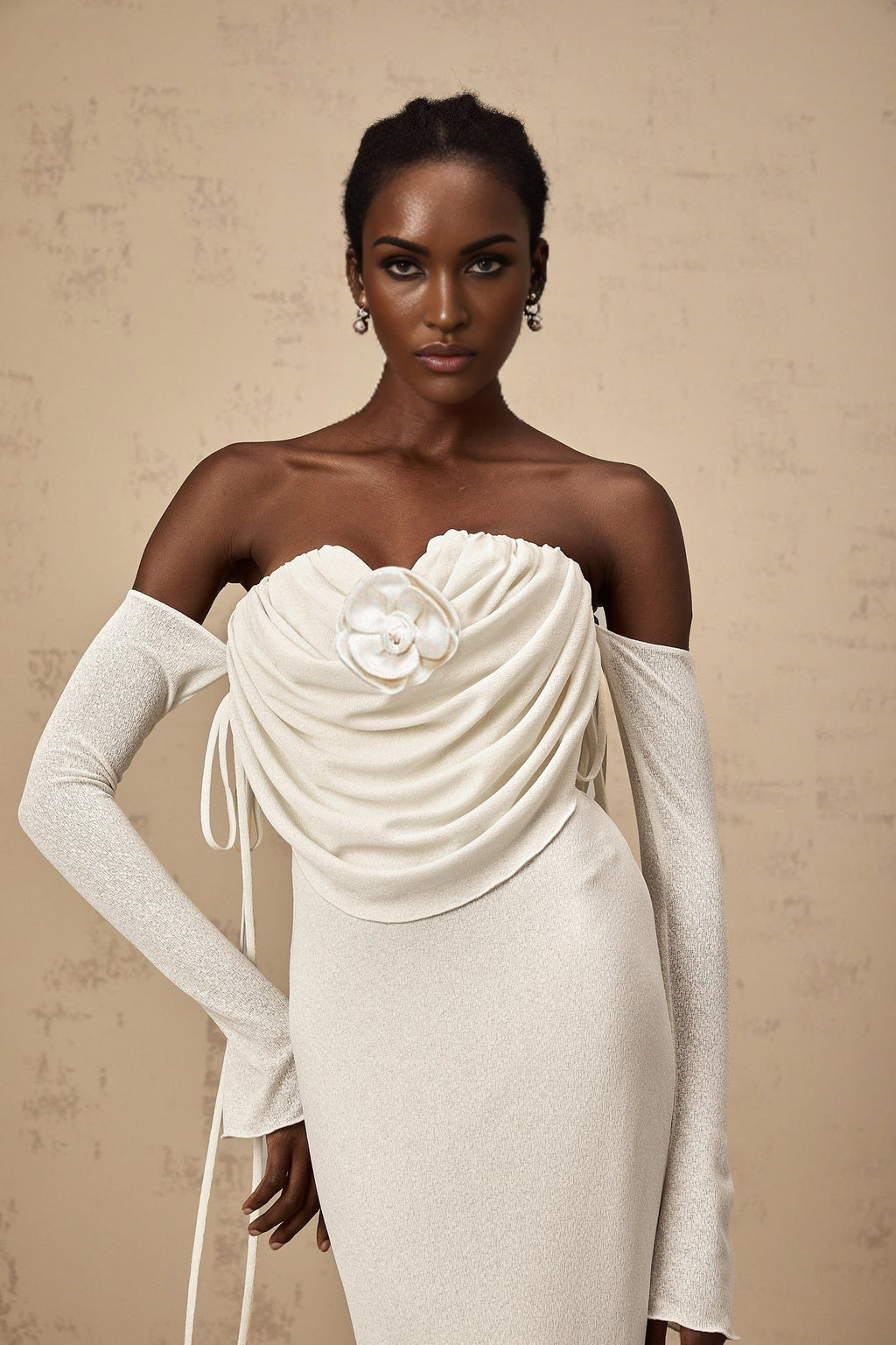 Amabile Maxi Dress - Off the Shoulder - Floral Appliqué - Ruched Detailing - Self - Tie Design - Flared Hem