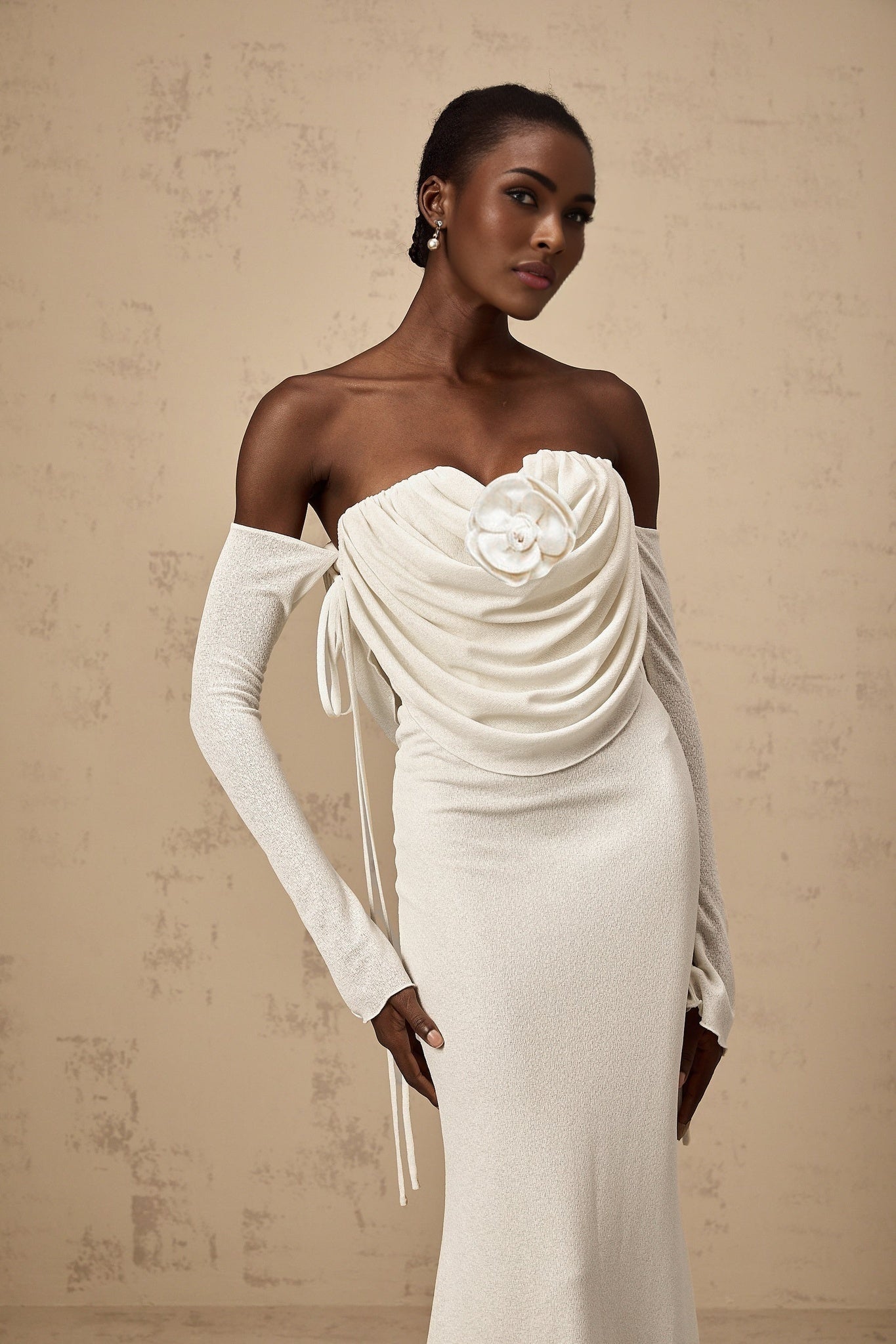 Amabile Maxi Dress - Off the Shoulder - Floral Appliqué - Ruched Detailing - Self - Tie Design - Flared Hem