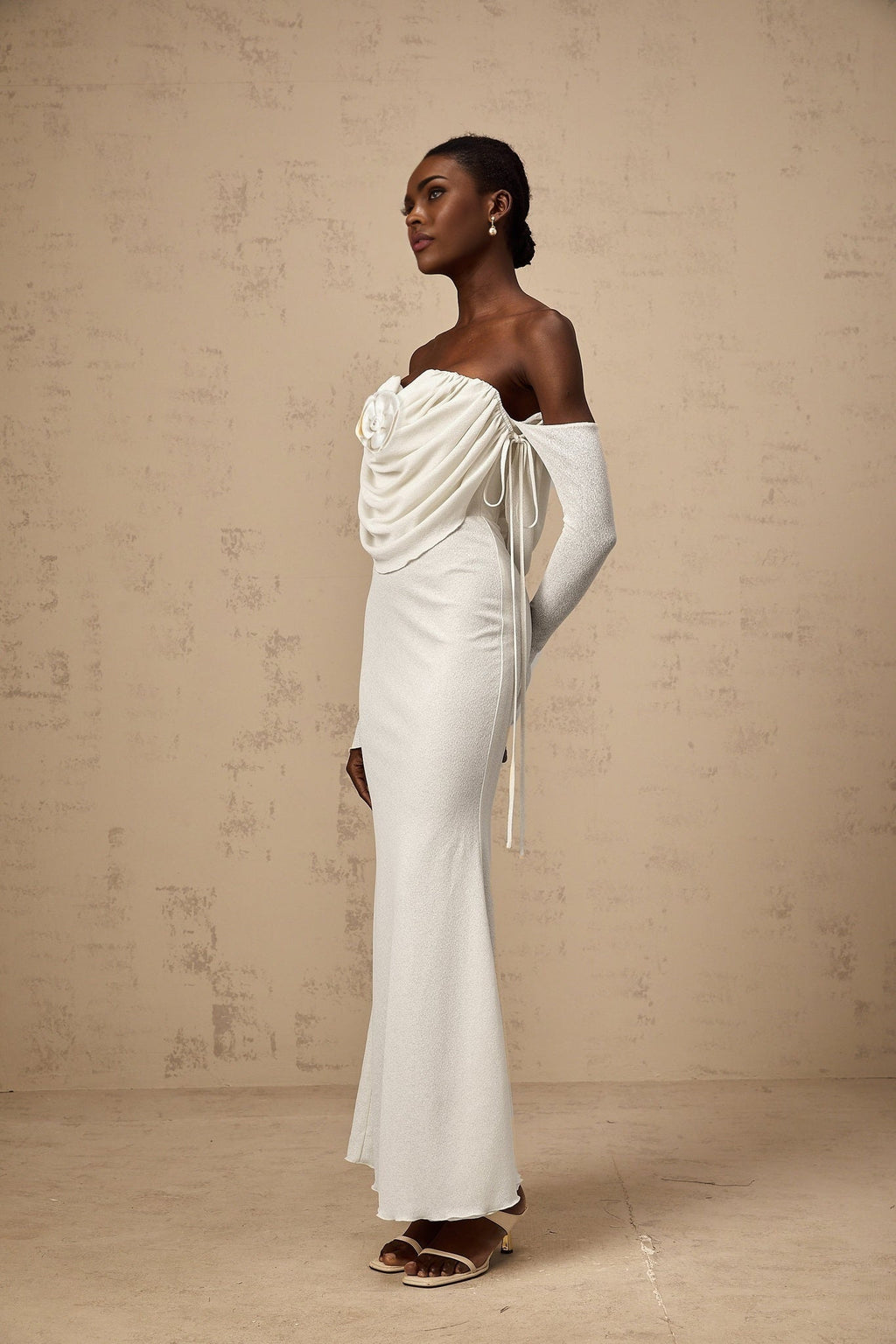 Amabile Maxi Dress - Off the Shoulder - Floral Appliqué - Ruched Detailing - Self - Tie Design - Flared Hem