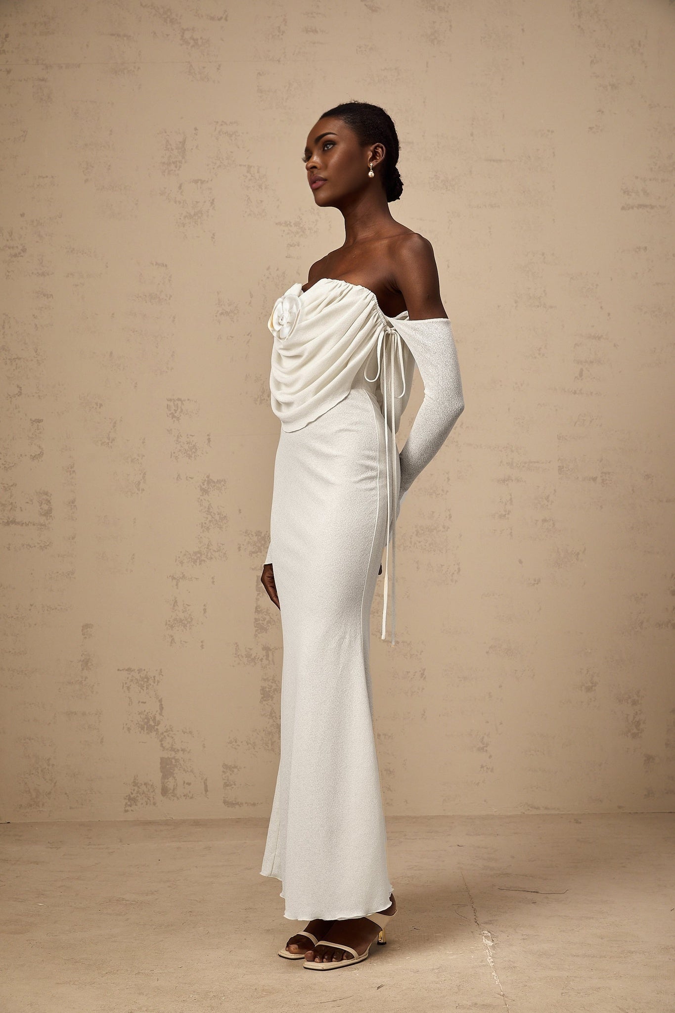Amabile Maxi Dress - Off the Shoulder - Floral Appliqué - Ruched Detailing - Self - Tie Design - Flared Hem