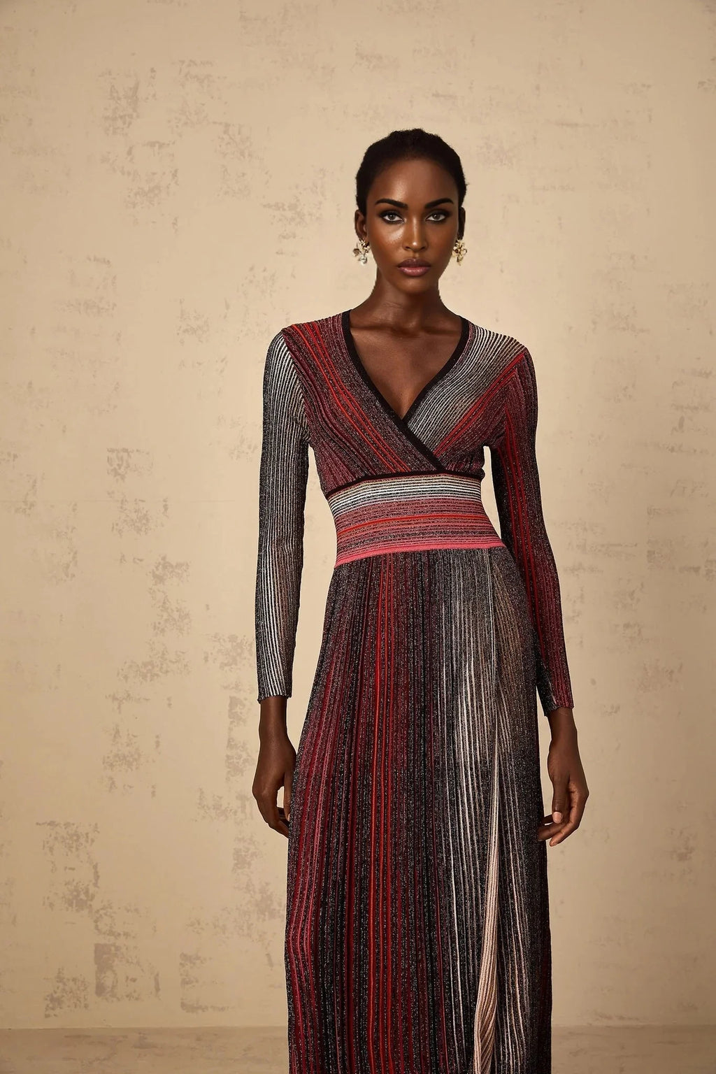 Amabile Maxi Dress Red Stripe Sequin Knit Long Sleeve & V - Neck