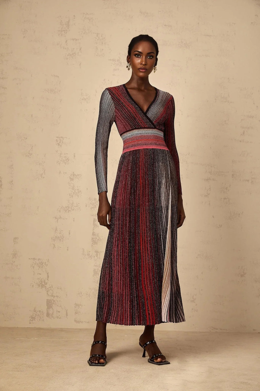 Amabile Maxi Dress Red Stripe Sequin Knit Long Sleeve & V - Neck