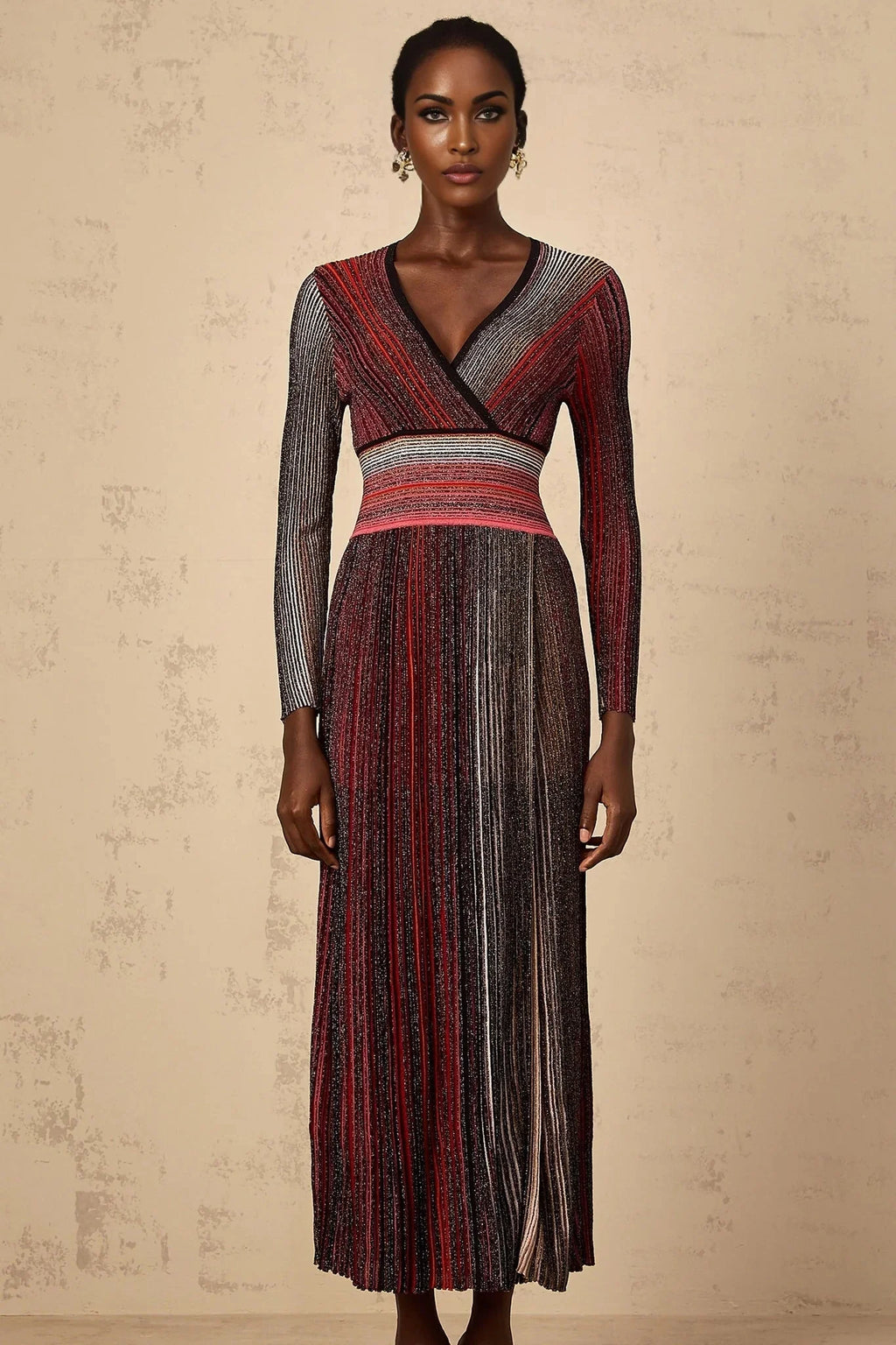 Amabile Maxi Dress Red Stripe Sequin Knit Long Sleeve & V - Neck