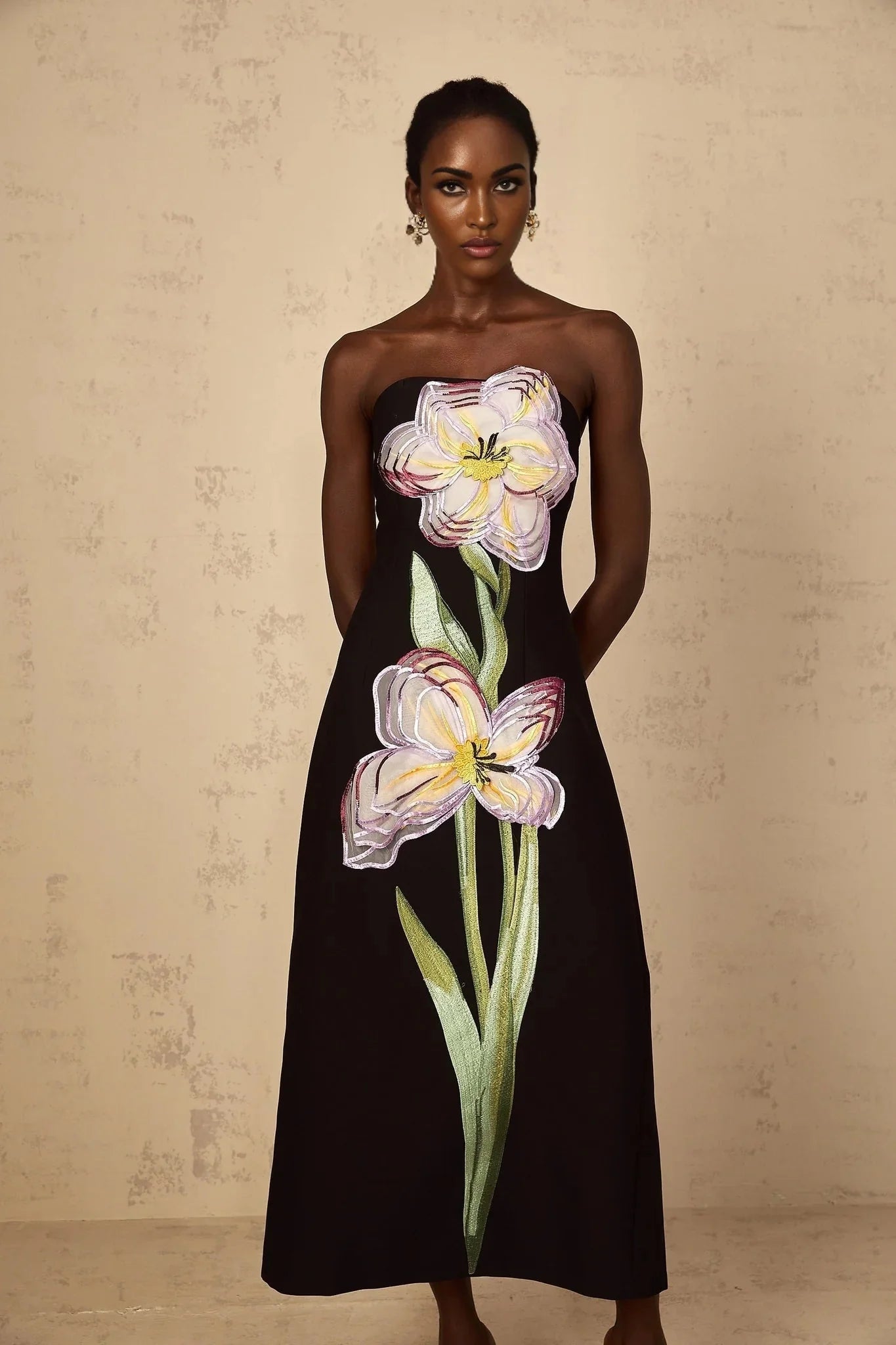 Amabile Midi Dress Black Floral Sequin Off - Shoulder Slit Zip Mid - Length