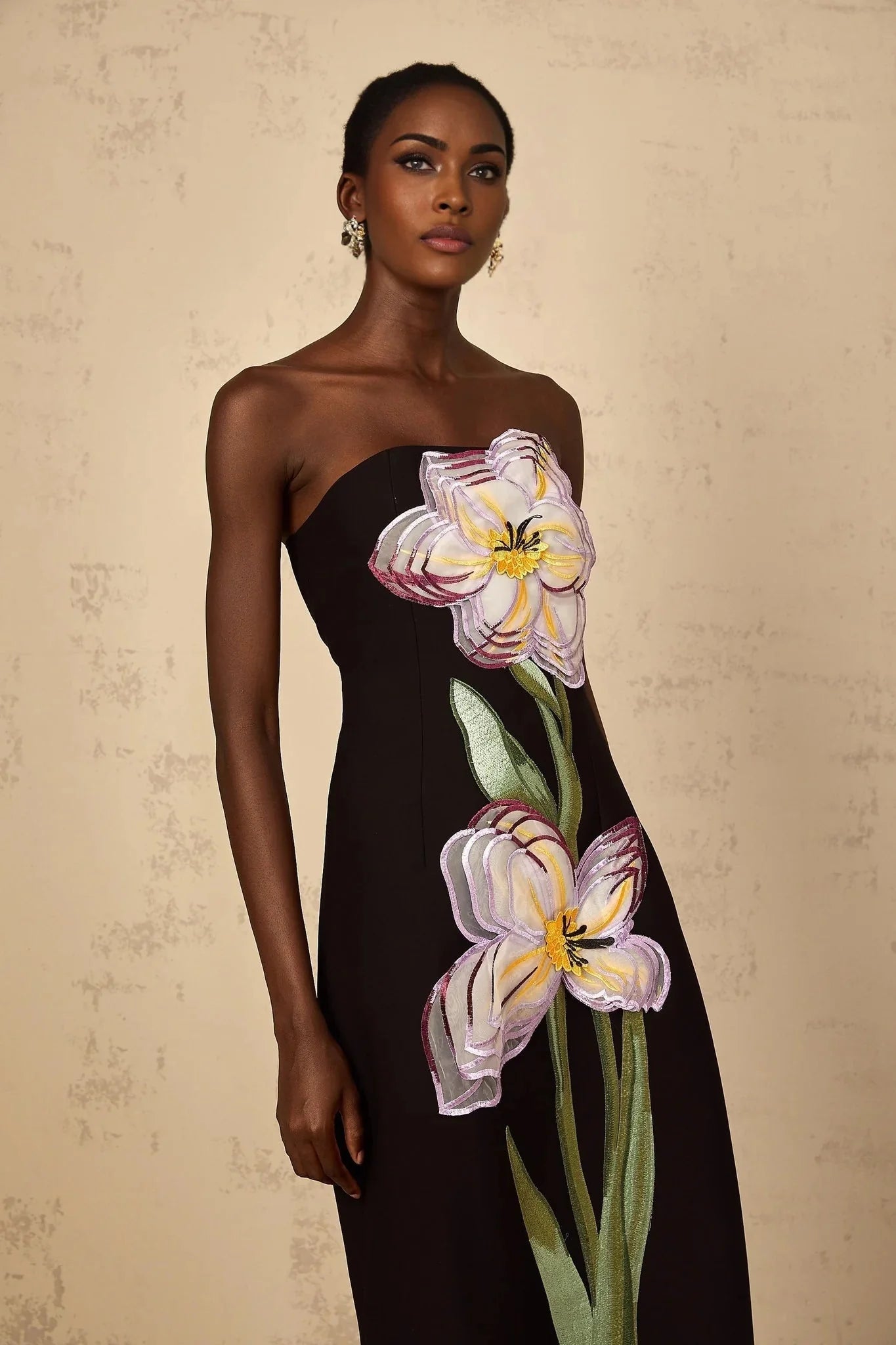 Amabile Midi Dress Black Floral Sequin Off - Shoulder Slit Zip Mid - Length
