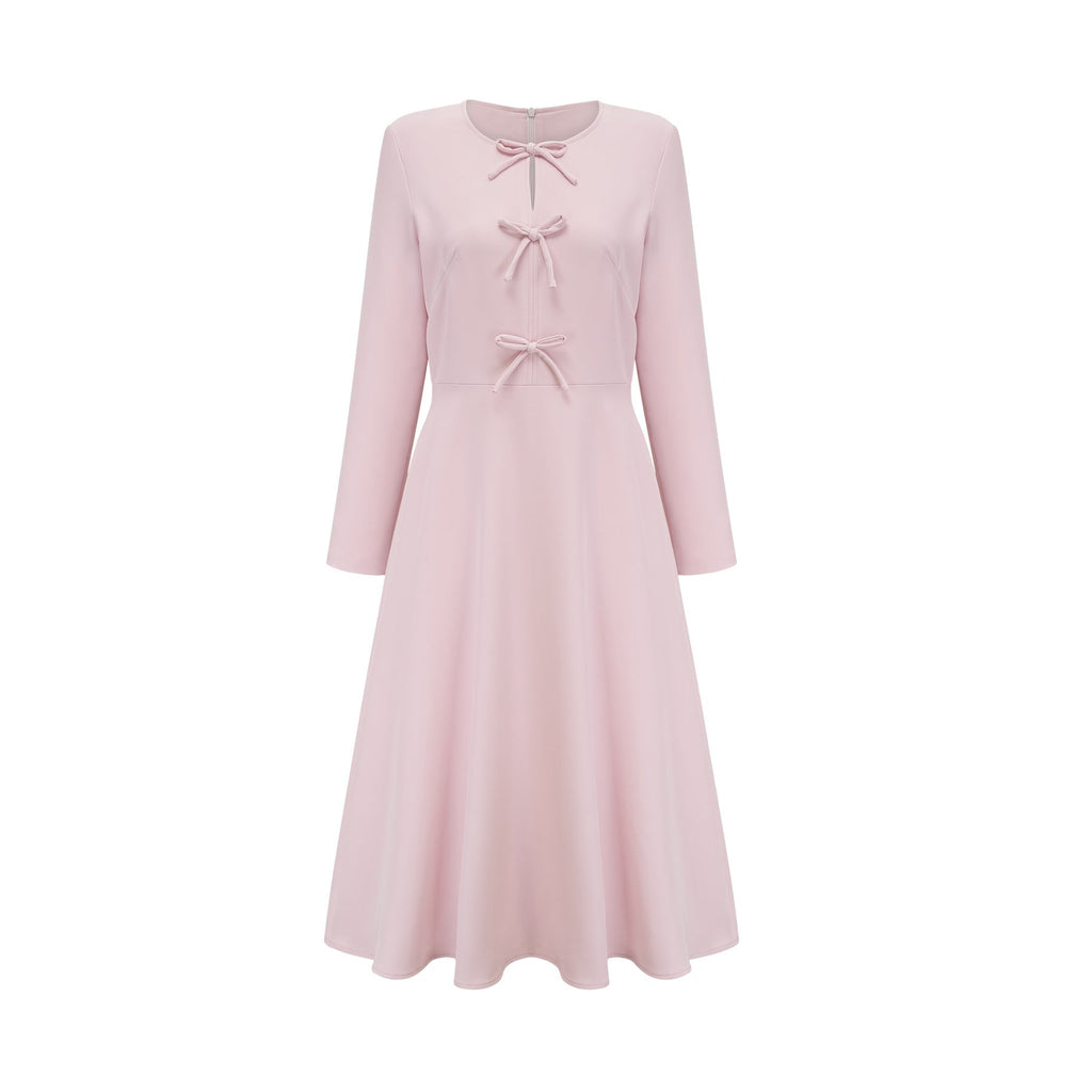 Amabile Midi Dress - Bowknot Detailing - Flared Skirt - Long Sleeves - Rear Zip Fastening