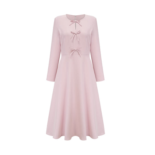 Amabile Midi Dress - Bowknot Detailing - Flared Skirt - Long Sleeves - Rear Zip Fastening