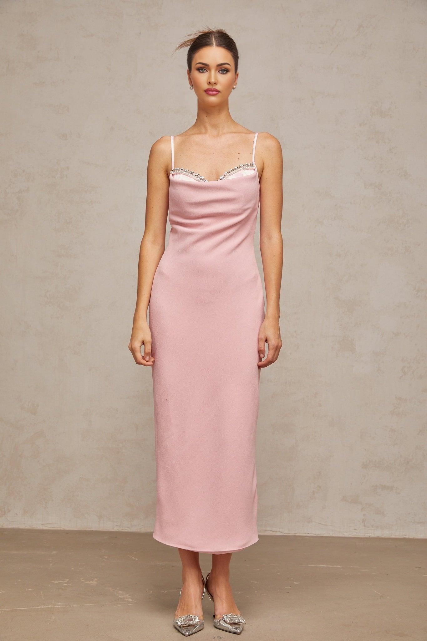 Amabile Midi Dress - Sweetheart Neckline - Corset Bodice - Ruched Detailing - Crystal Embellishments