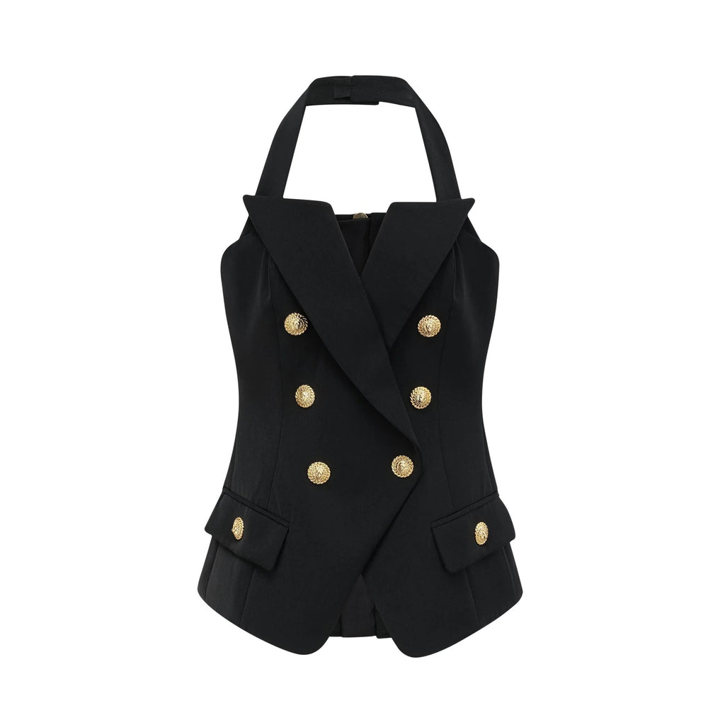Amabile Top - Double - Breasted - halter neck - Embossed Gold Buttons - Viscose
