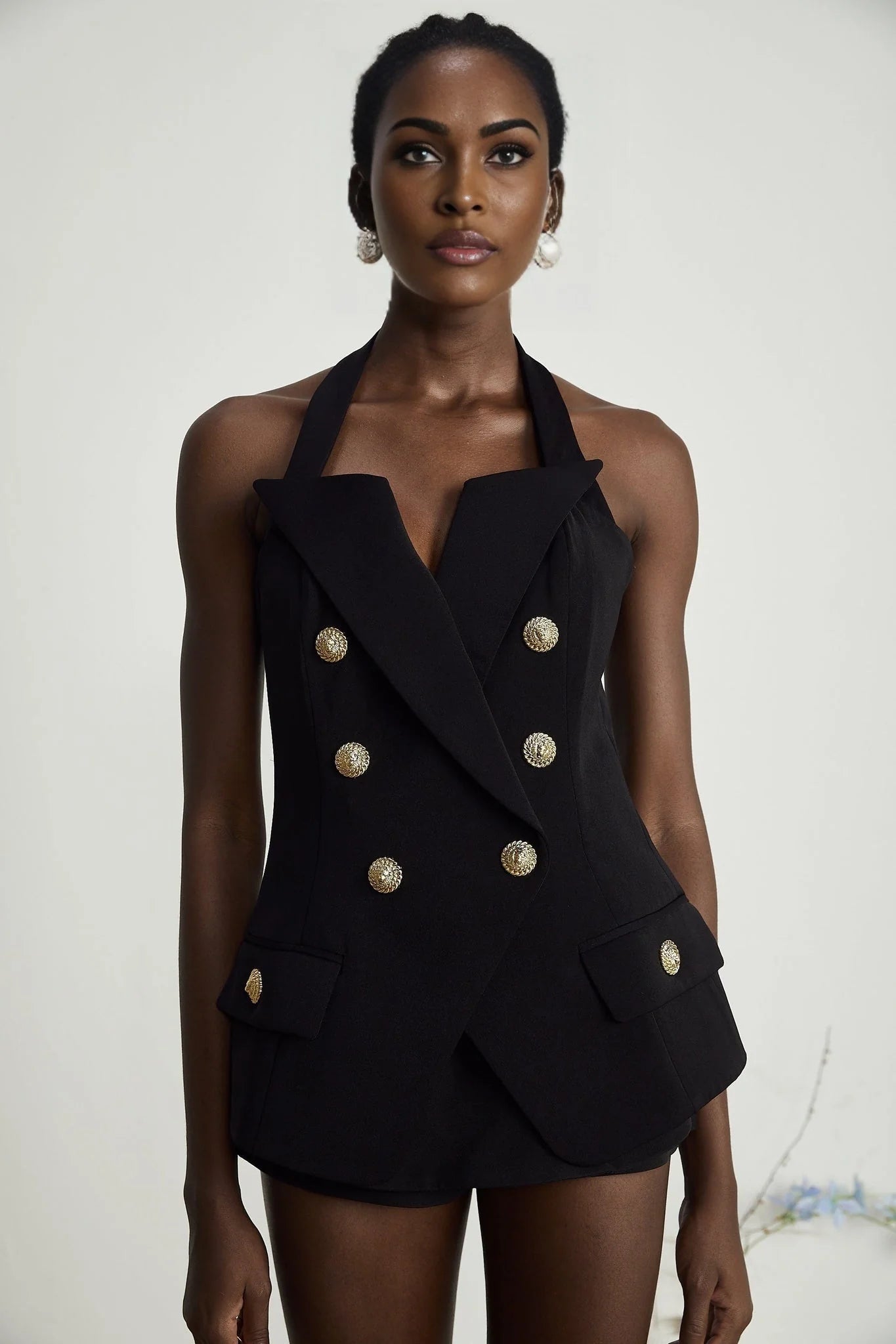Amabile Top - Double - Breasted - halter neck - Embossed Gold Buttons - Viscose