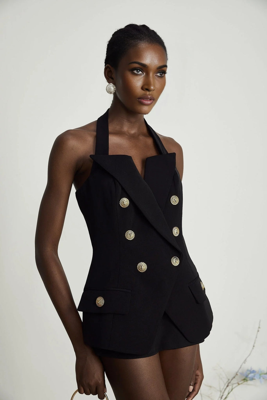 Amabile Top - Double - Breasted - halter neck - Embossed Gold Buttons - Viscose
