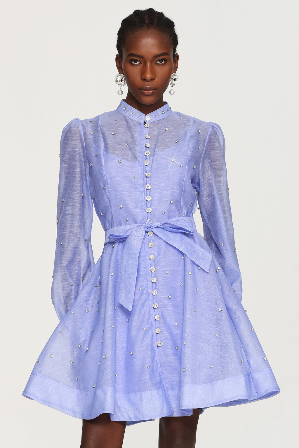 Amalia Blue Diamond Embellished Button-Up Mini Dress