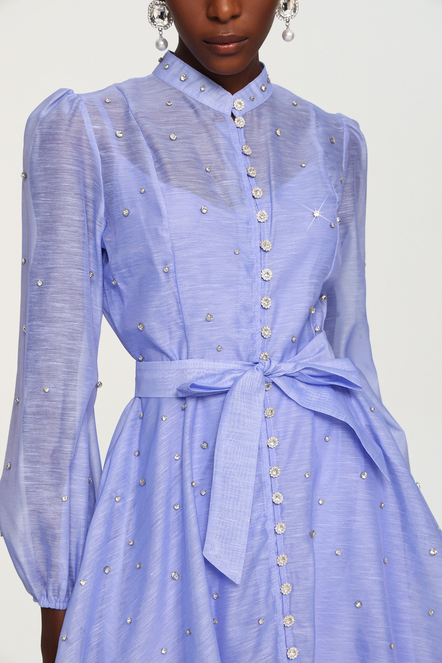 Amalia Blue Diamond Embellished Button-Up Mini Dress with Tie Waist and Collar