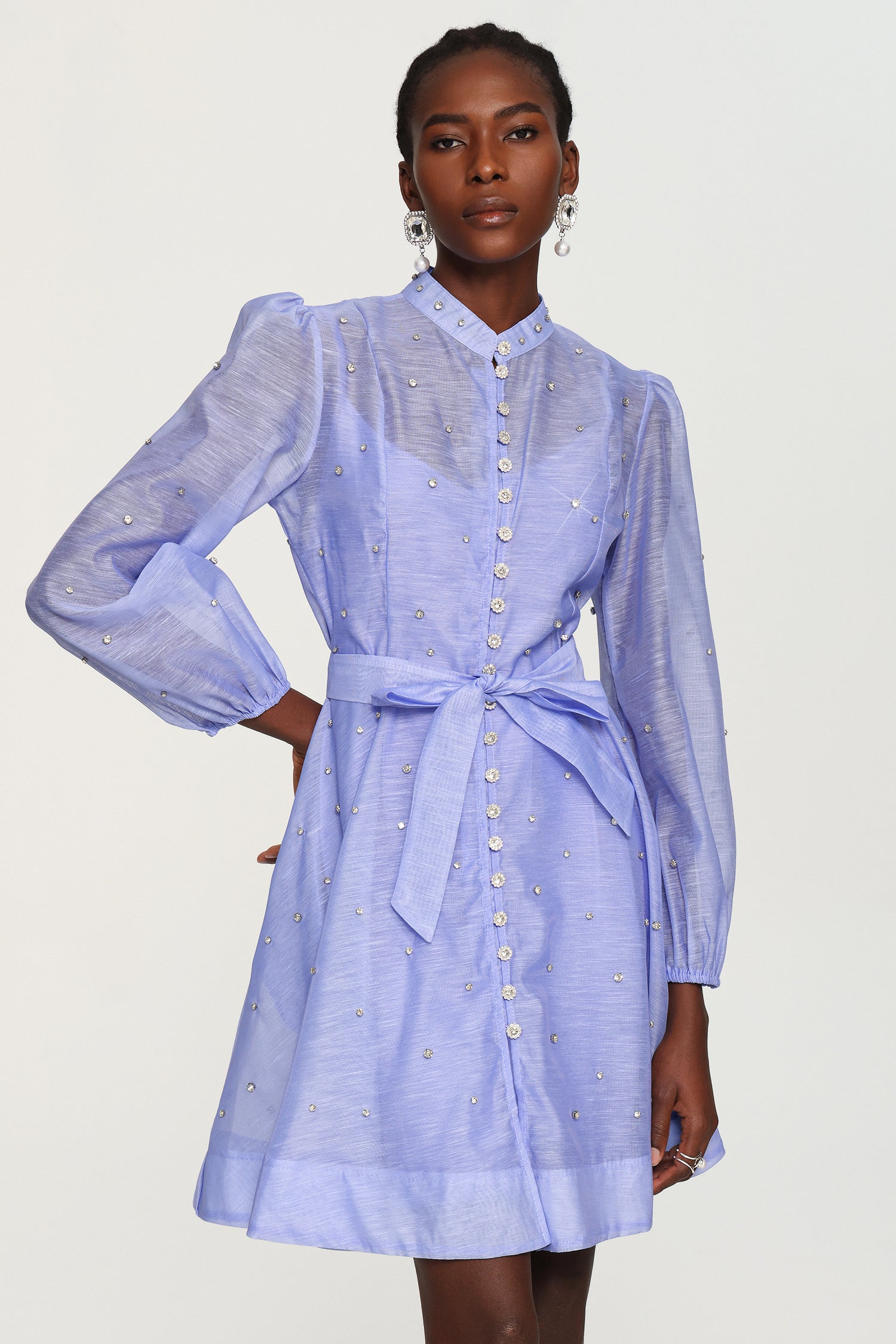 Amalia Blue Diamond Embellished Button-Up Mini Dress