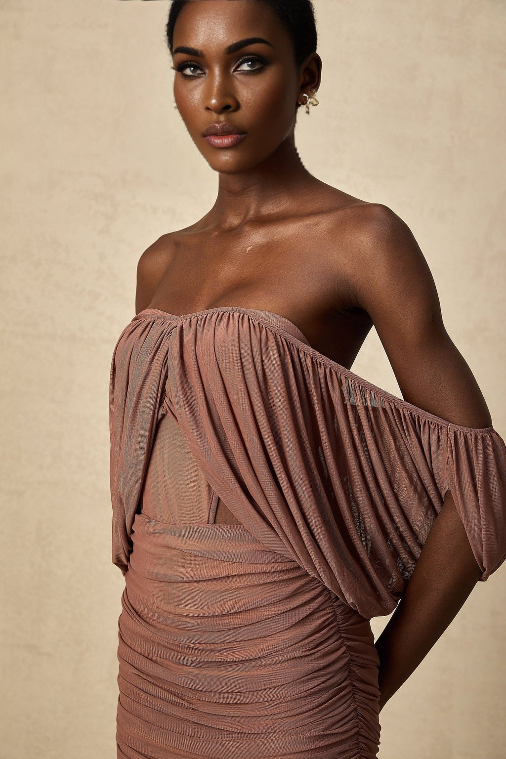 Amalia Bodysuit & Skirt - Open Back Off - Shoulder - Ruched Detailing - High - Rise Cut - Side Zip Fastening