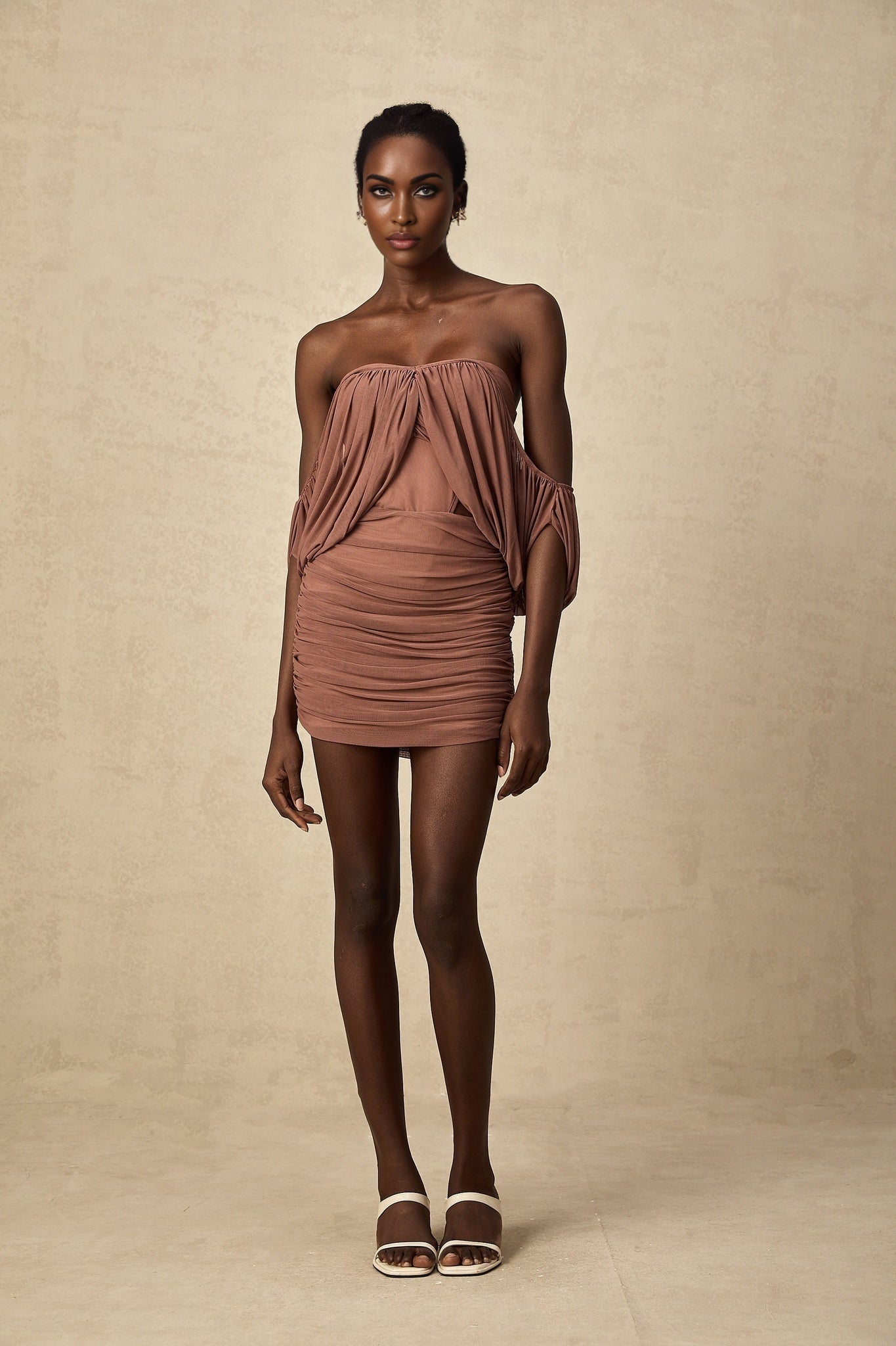 Amalia Bodysuit & Skirt - Open Back Off - Shoulder - Ruched Detailing - High - Rise Cut - Side Zip Fastening