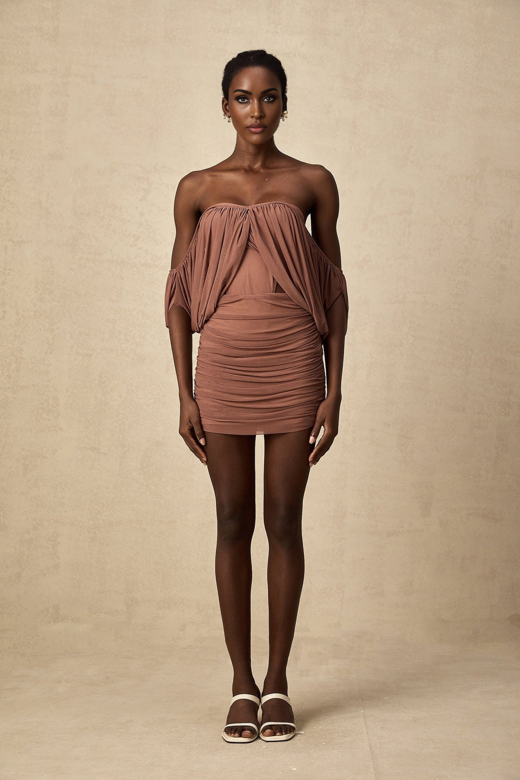 Amalia Bodysuit & Skirt - Open Back Off - Shoulder - Ruched Detailing - High - Rise Cut - Side Zip Fastening