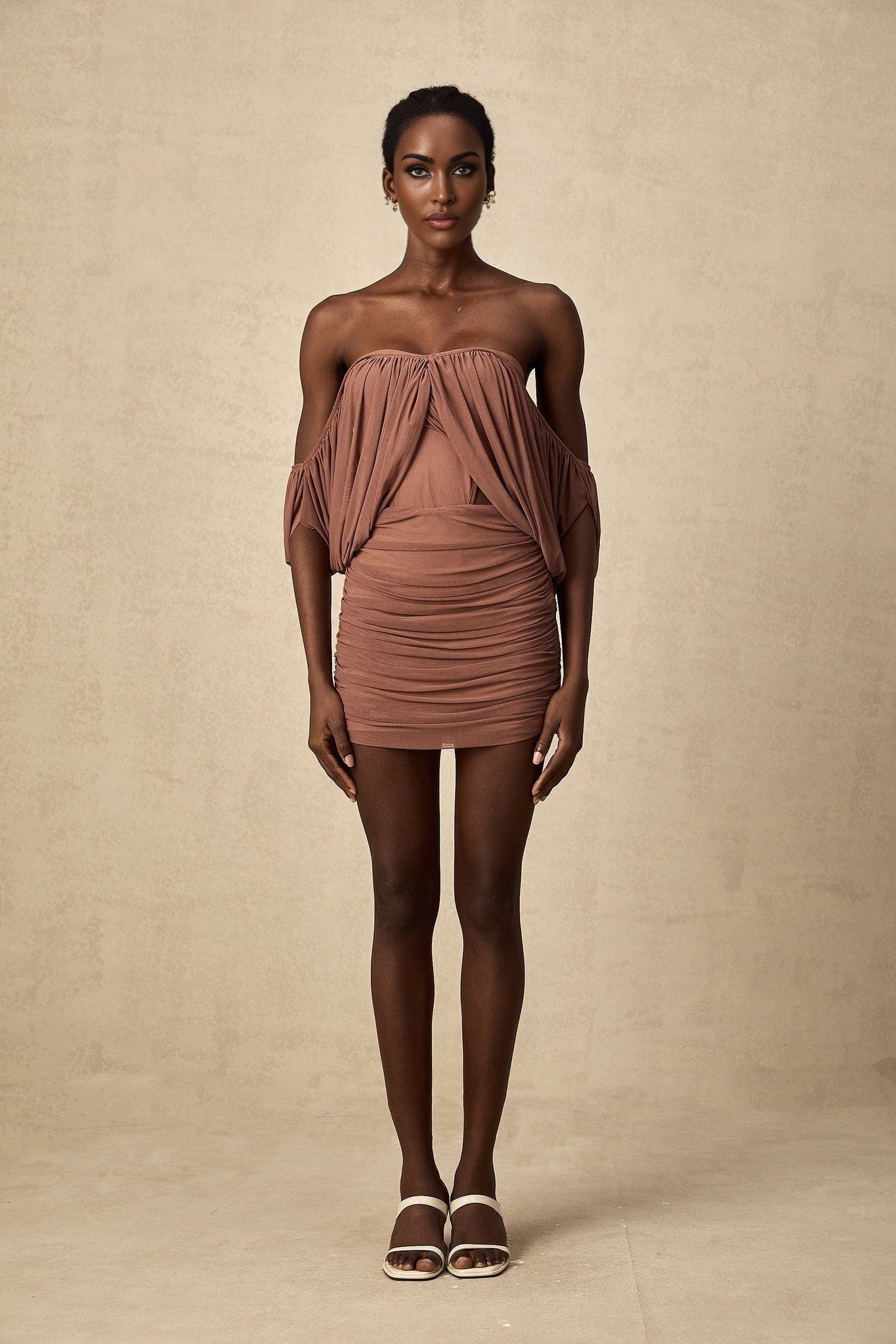 Amalia Bodysuit & Skirt - Open Back Off - Shoulder - Ruched Detailing - High - Rise Cut - Side Zip Fastening