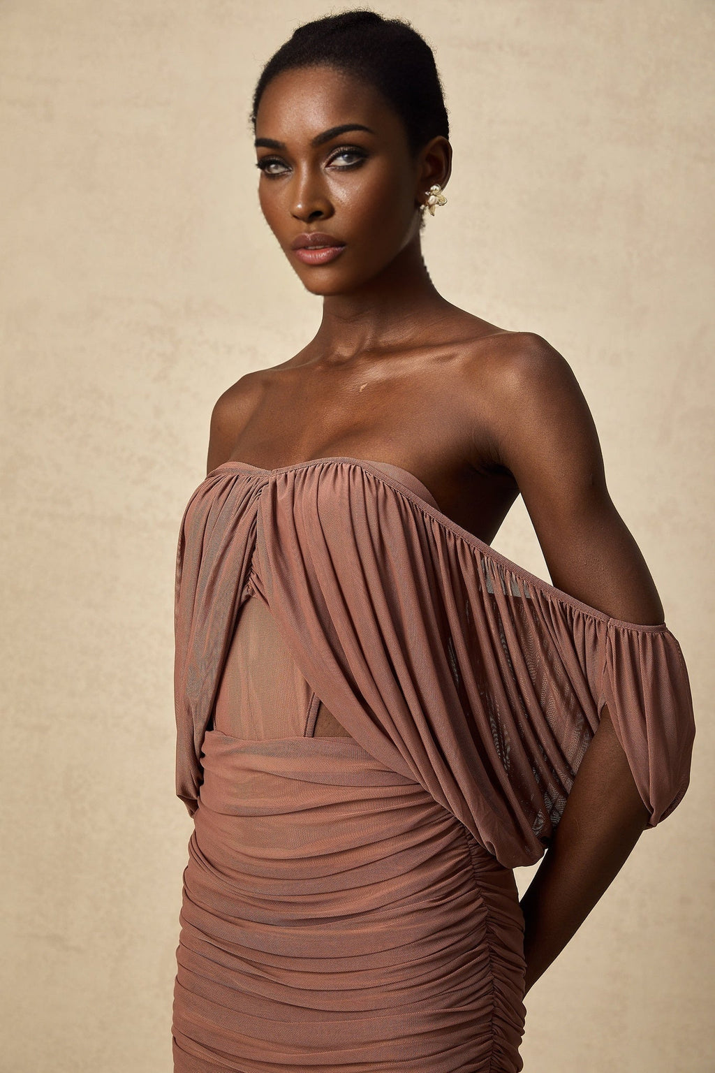 Amalia Bodysuit & Skirt - Open Back Off - Shoulder - Ruched Detailing - High - Rise Cut - Side Zip Fastening