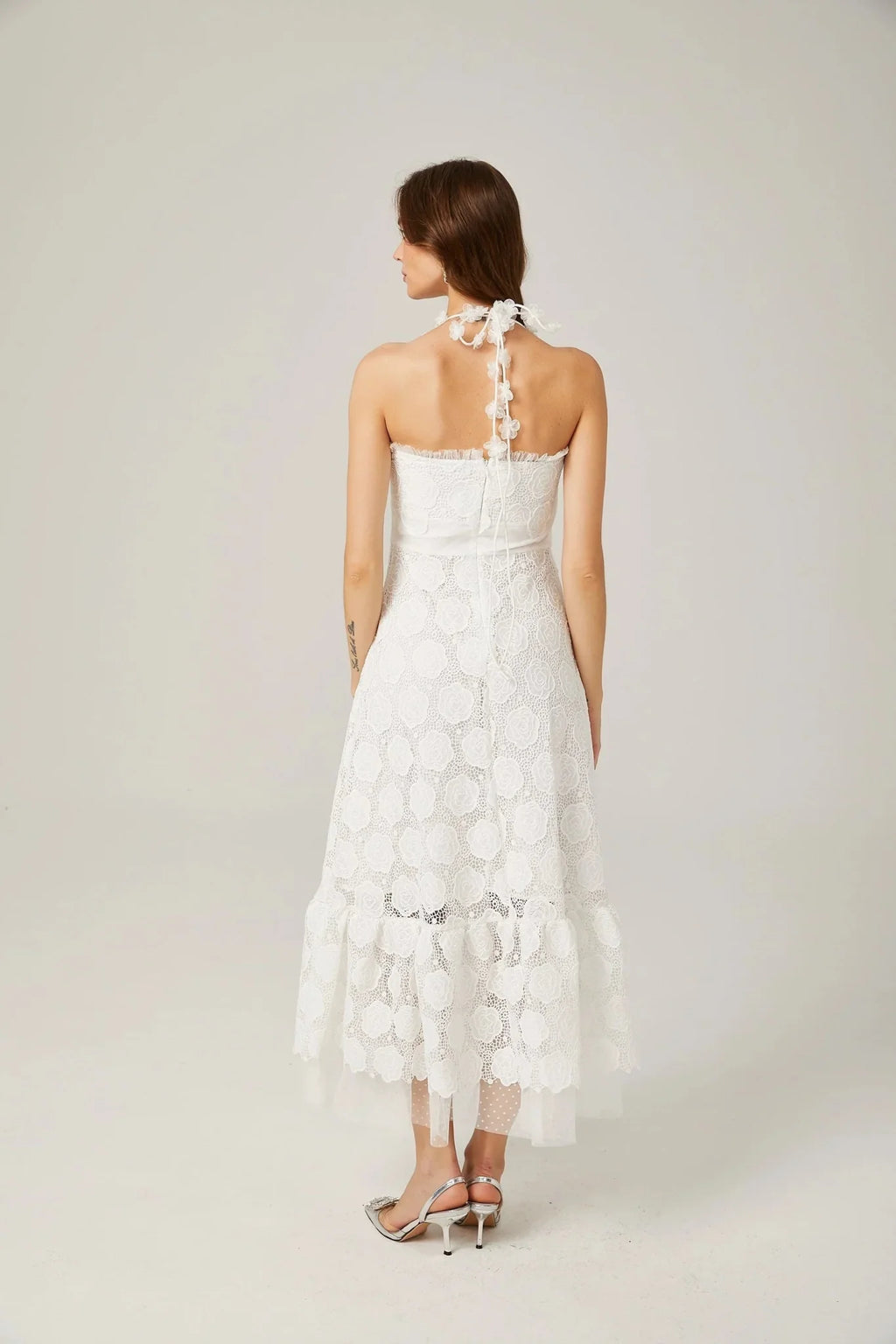 Amalia Floral Midi Dress - Halterneck Design - Lace Trim Detailing - Faux - Floral Embellishments - Semi - sheer Construction