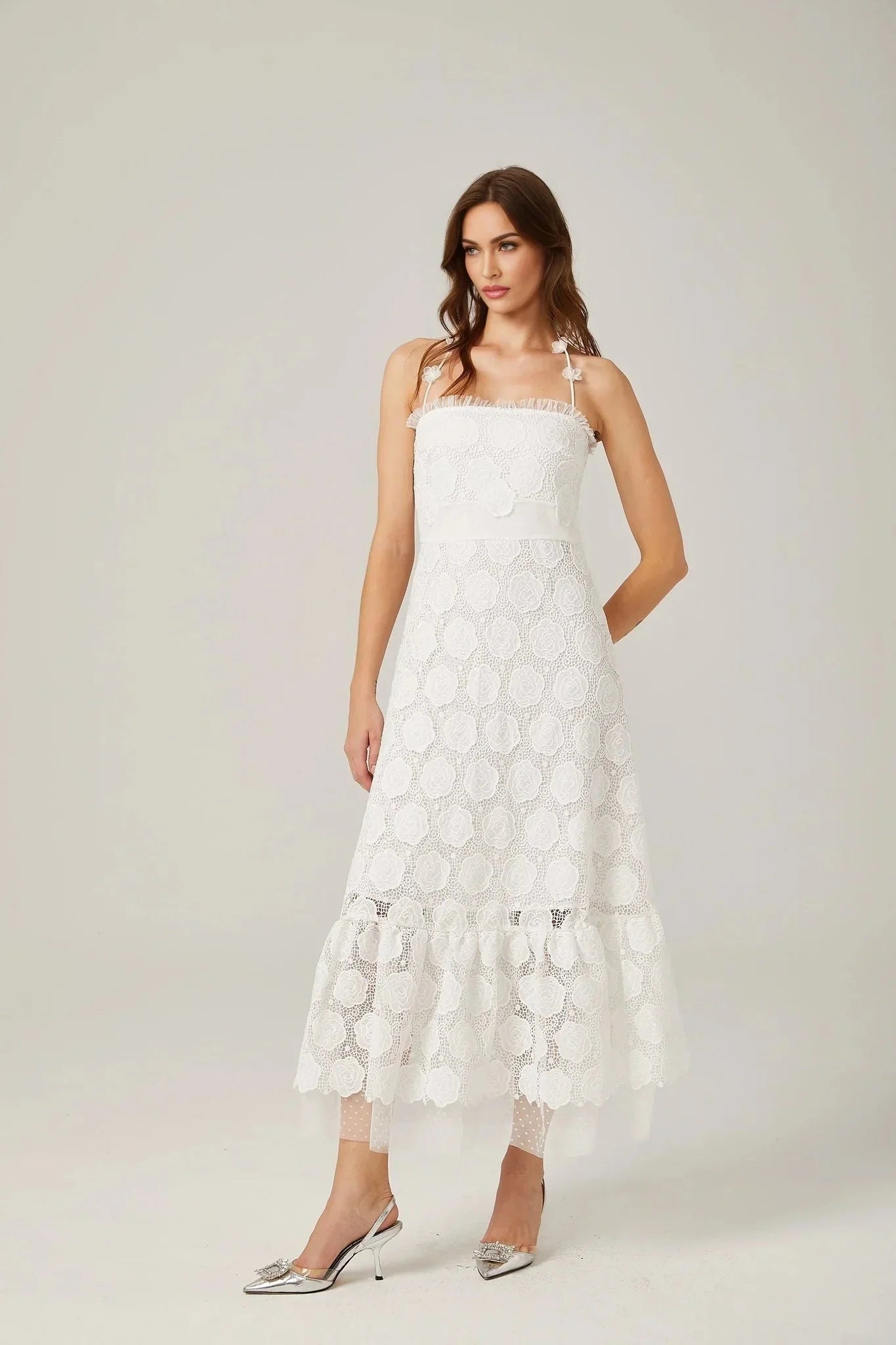 Amalia Floral Midi Dress - Halterneck Design - Lace Trim Detailing - Faux - Floral Embellishments - Semi - sheer Construction