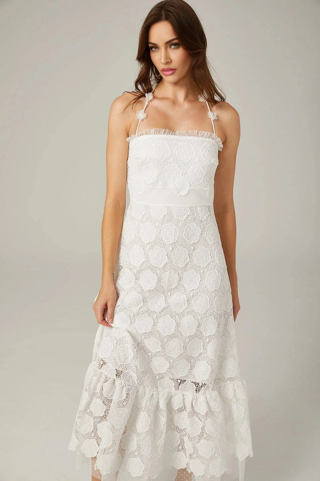 Amalia Floral Midi Dress - Halterneck Design - Lace Trim Detailing - Faux - Floral Embellishments - Semi - sheer Construction