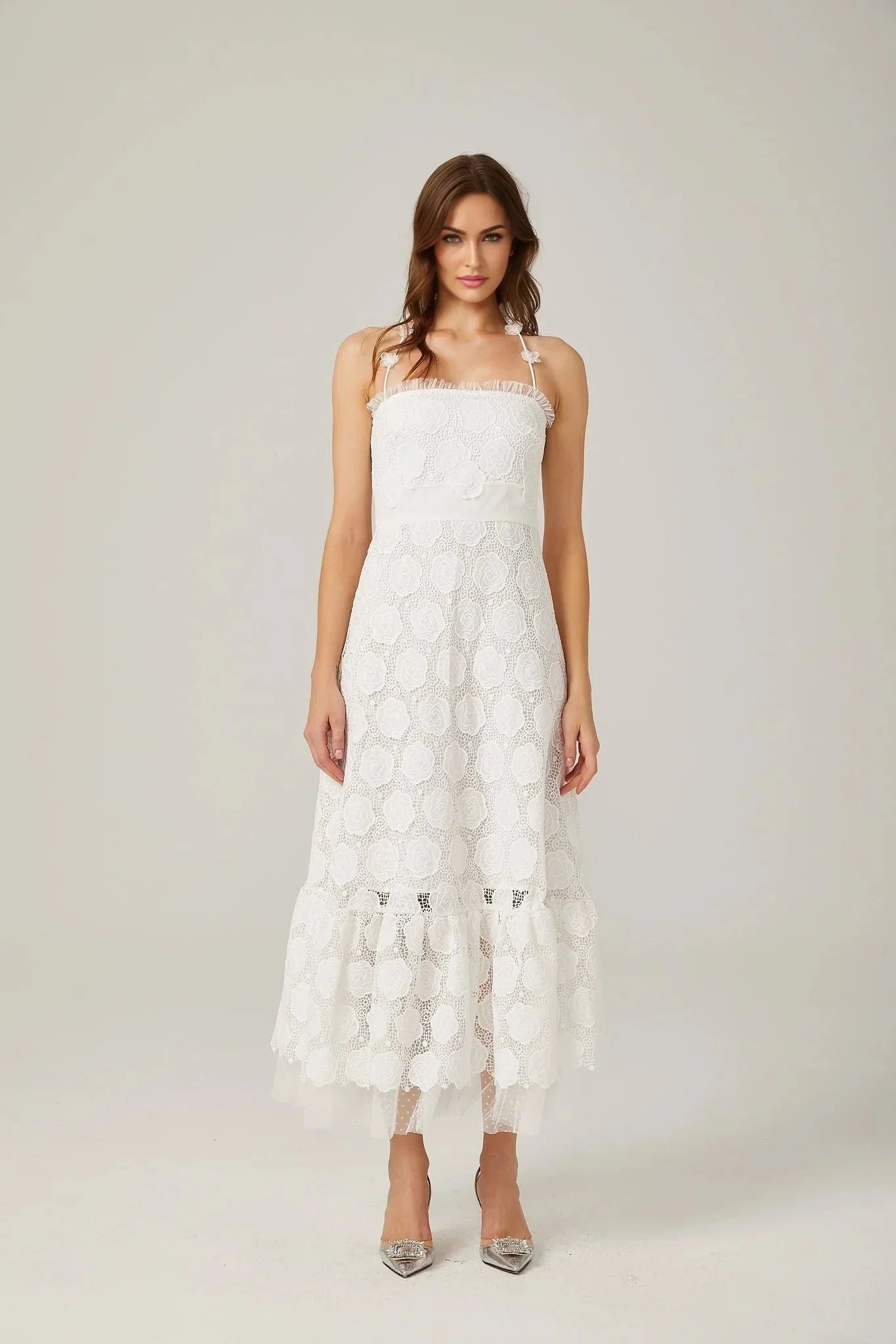 Amalia Floral Midi Dress - Halterneck Design - Lace Trim Detailing - Faux - Floral Embellishments - Semi - sheer Construction