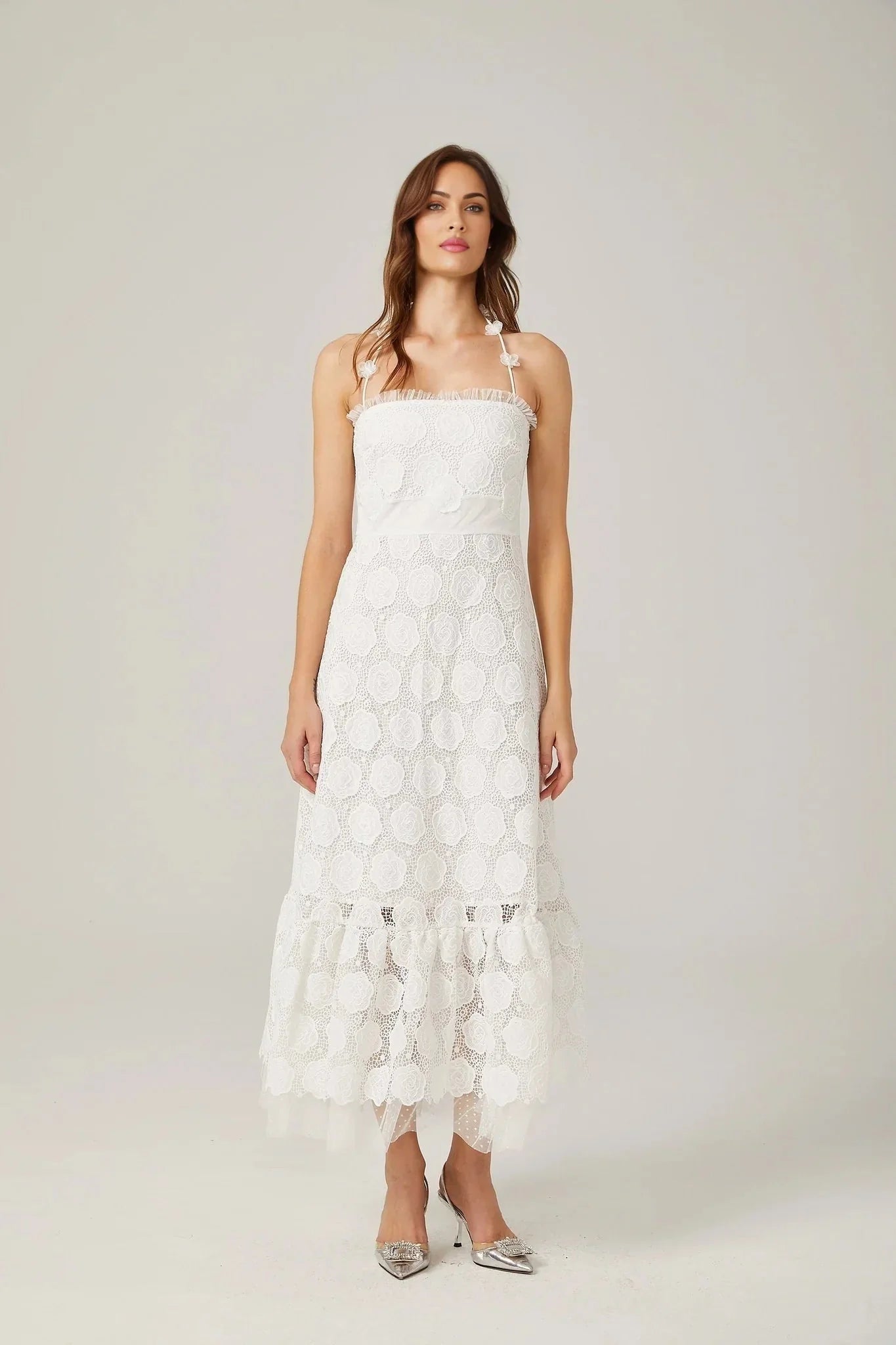 Amalia Floral Midi Dress - Halterneck Design - Lace Trim Detailing - Faux - Floral Embellishments - Semi - sheer Construction