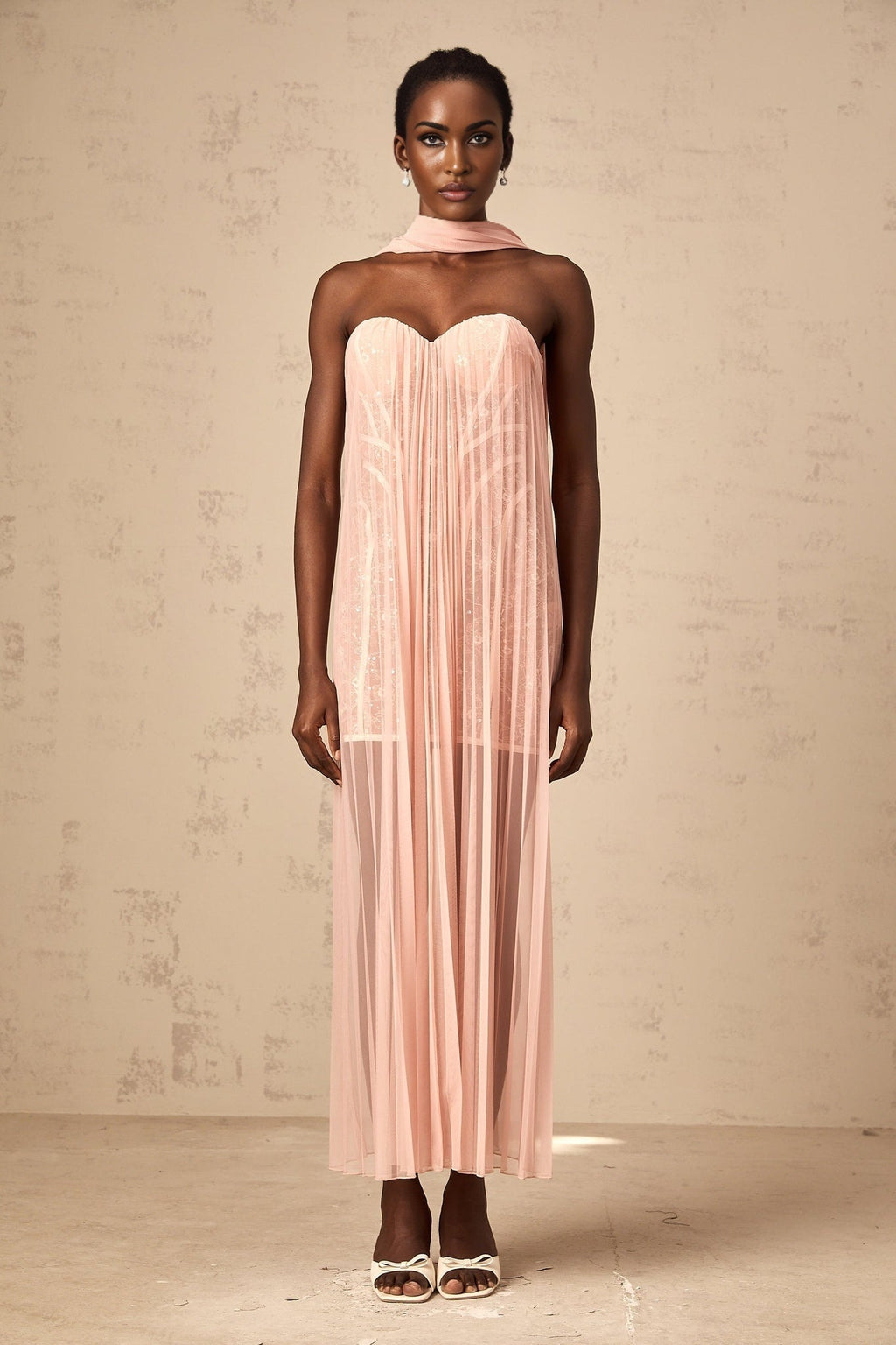 Amalia Maxi Dress - Off - Shoulder Pleated Tulle - Sweetheart Neck - Ribbon Design