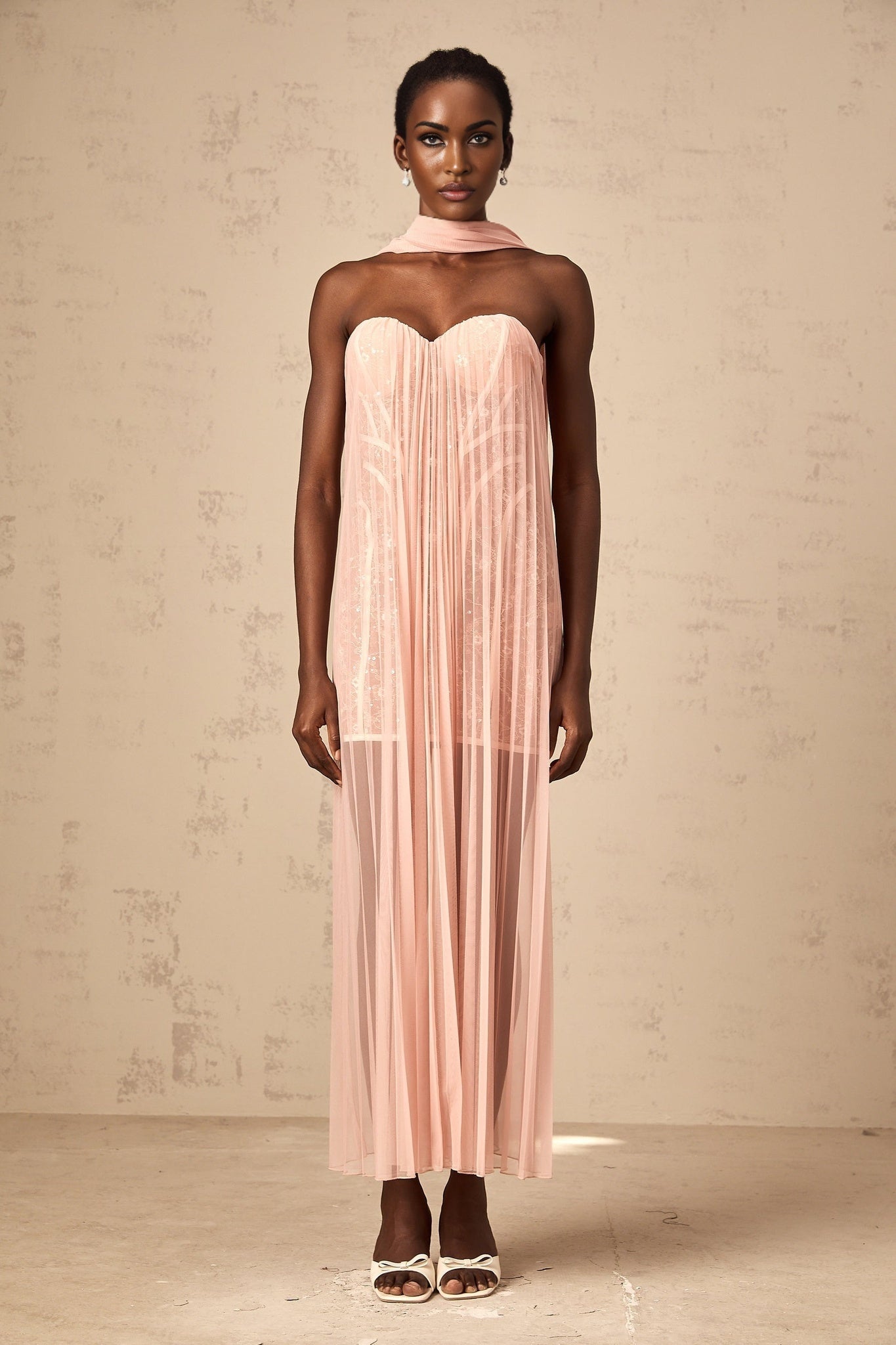 Amalia Maxi Dress - Off - Shoulder Pleated Tulle - Sweetheart Neck - Ribbon Design