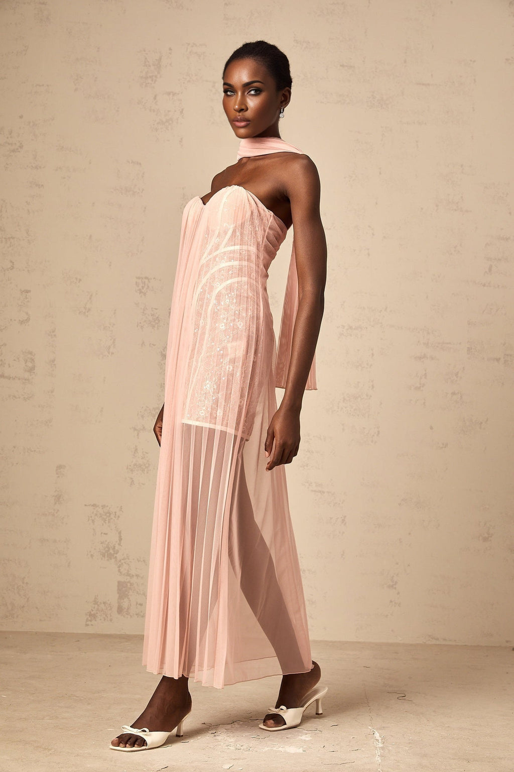 Amalia Maxi Dress - Off - Shoulder Pleated Tulle - Sweetheart Neck - Ribbon Design