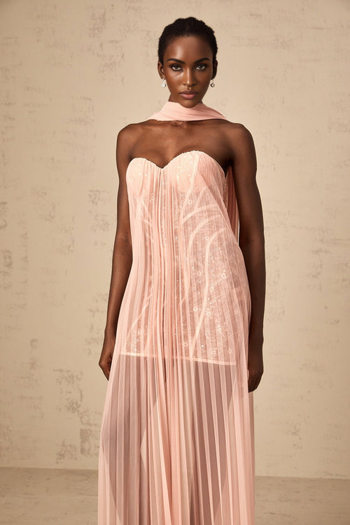 Amalia Maxi Dress - Off - Shoulder Pleated Tulle - Sweetheart Neck - Ribbon Design