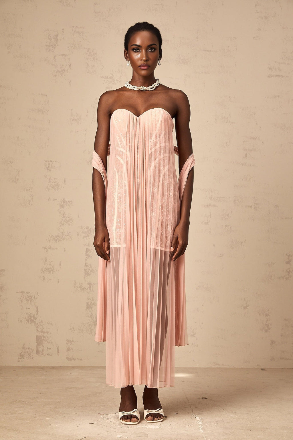 Amalia Maxi Dress - Off - Shoulder Pleated Tulle - Sweetheart Neck - Ribbon Design