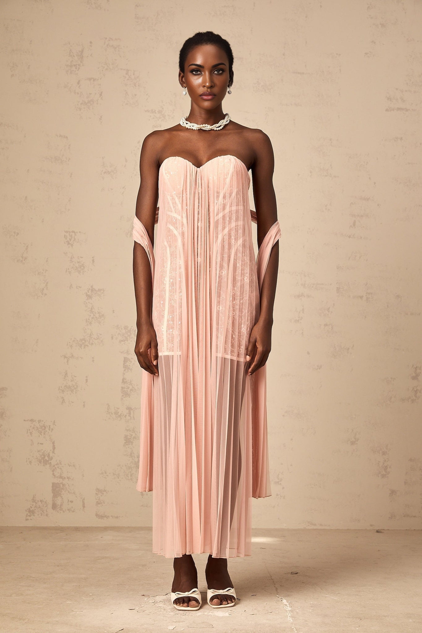 Amalia Maxi Dress - Off - Shoulder Pleated Tulle - Sweetheart Neck - Ribbon Design