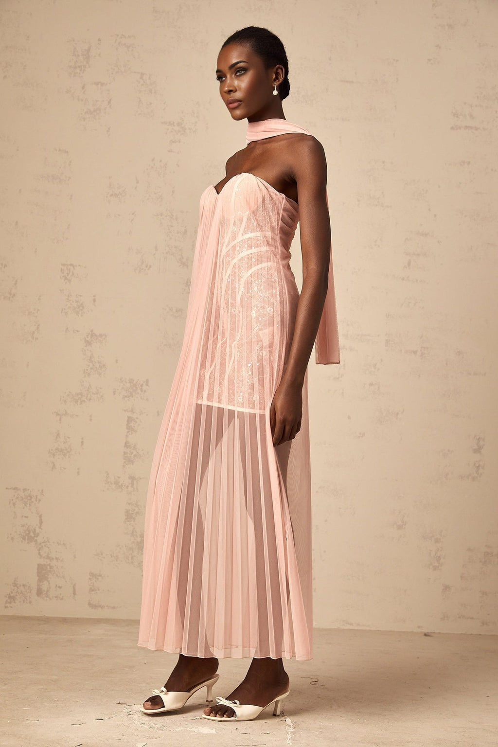 Amalia Maxi Dress - Off - Shoulder Pleated Tulle - Sweetheart Neck - Ribbon Design