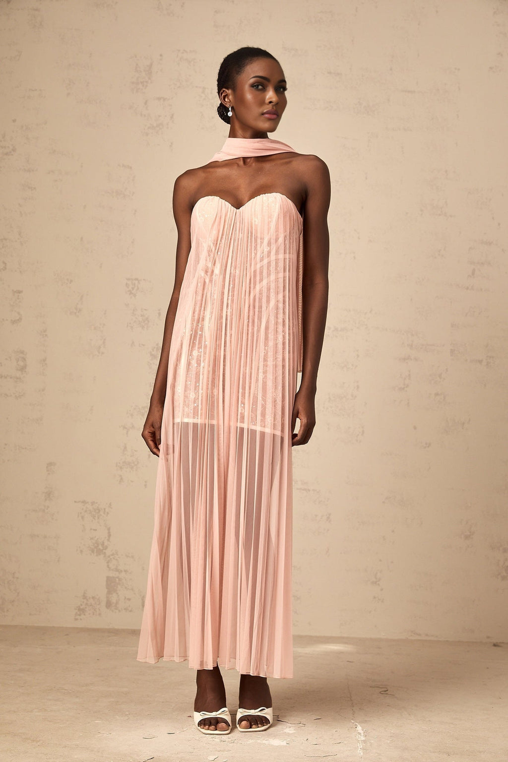 Amalia Maxi Dress - Off - Shoulder Pleated Tulle - Sweetheart Neck - Ribbon Design