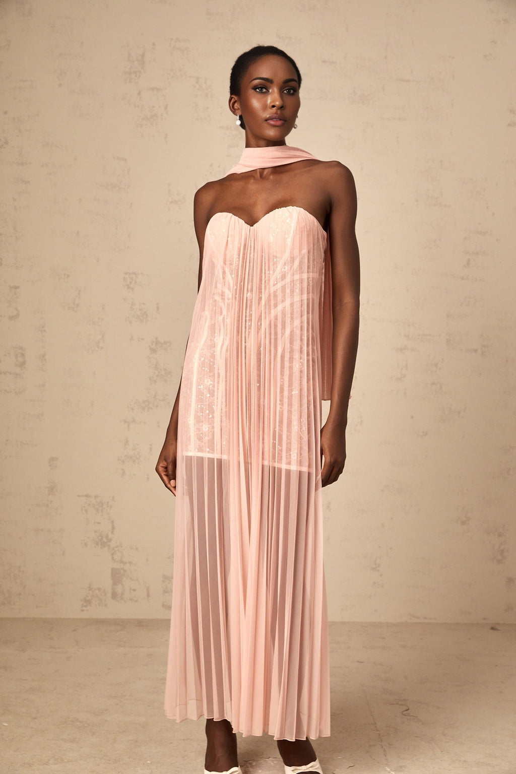 Amalia Maxi Dress - Off - Shoulder Pleated Tulle - Sweetheart Neck - Ribbon Design