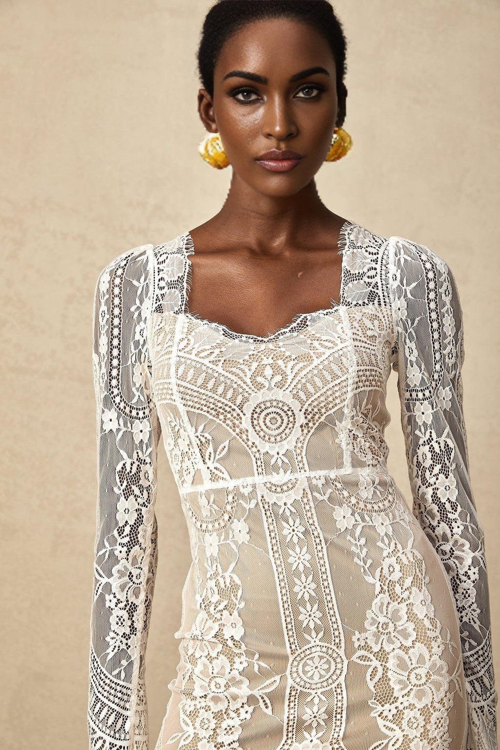 Amalia Mini Dress – Square Neck – Long Semi - Sheer Sleeves – Lace Panelling